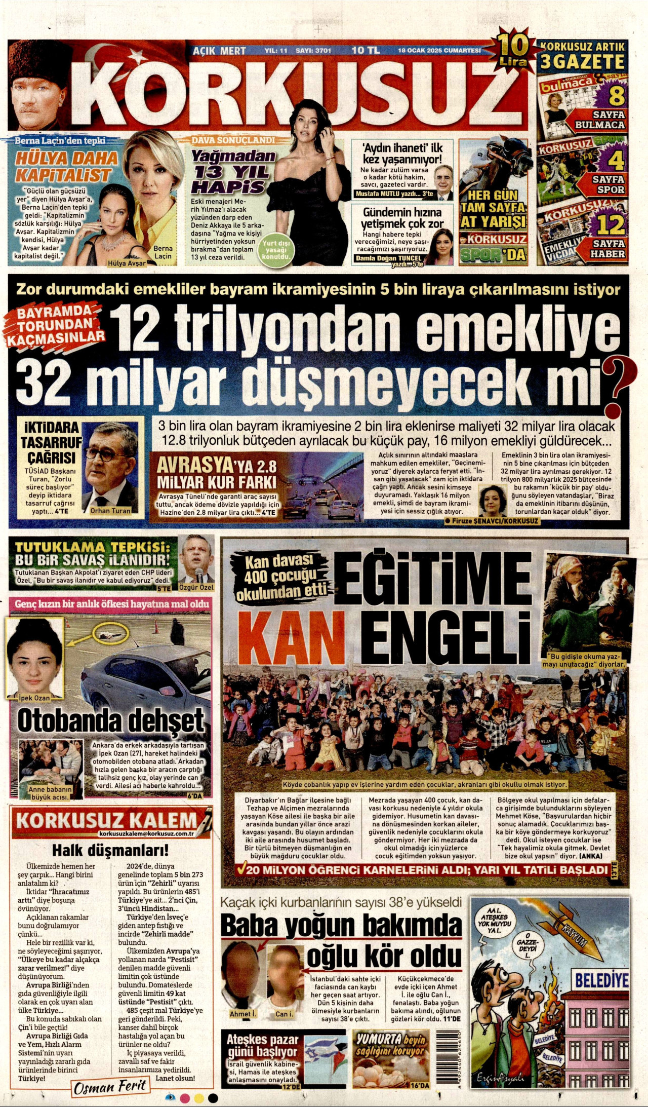 KORKUSUZ gazetesinin 18 Ocak 2025 tarihli birinci sayfası