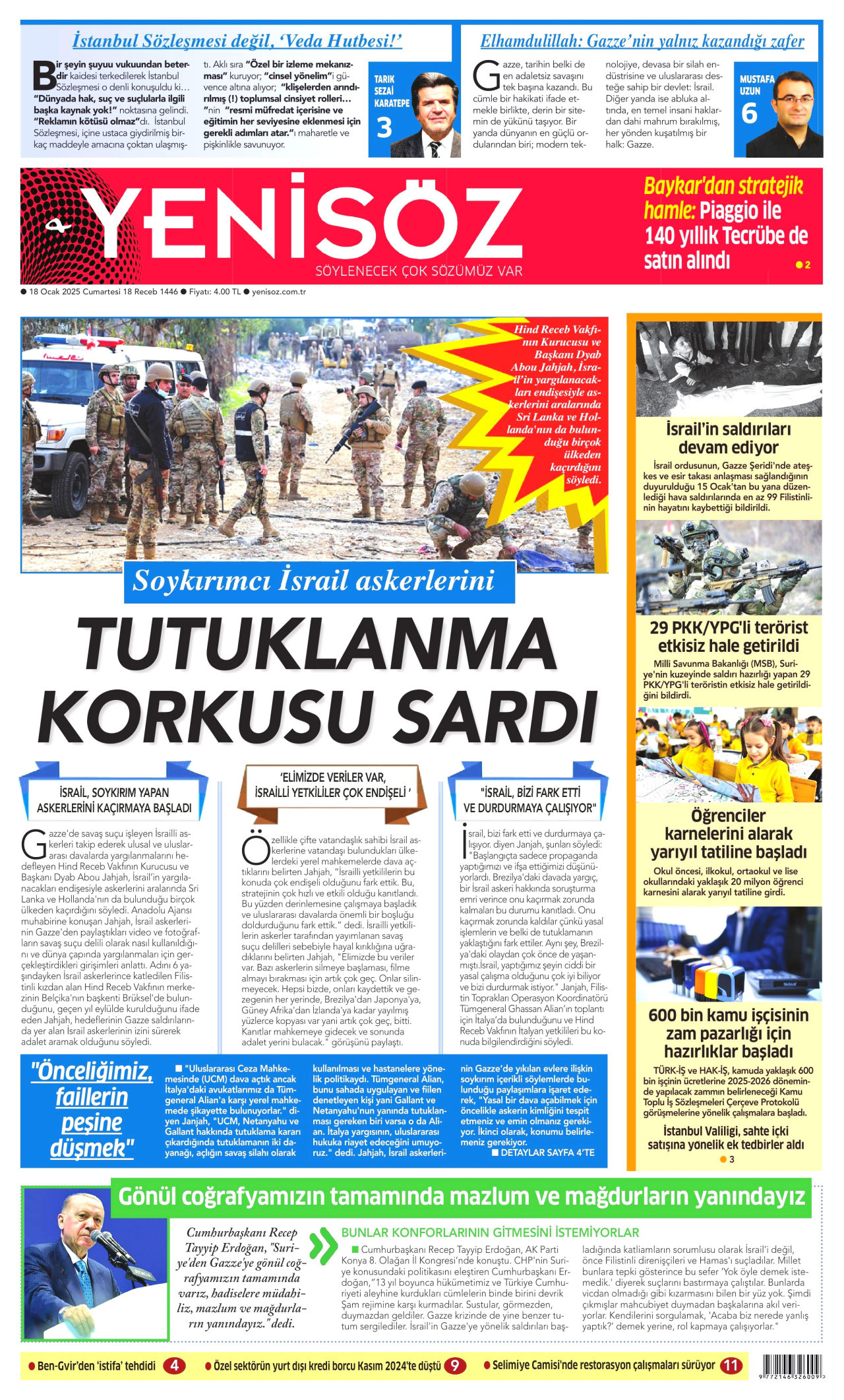 YENİ SÖZ GAZETESİ gazetesinin 18 Ocak 2025 tarihli birinci sayfası