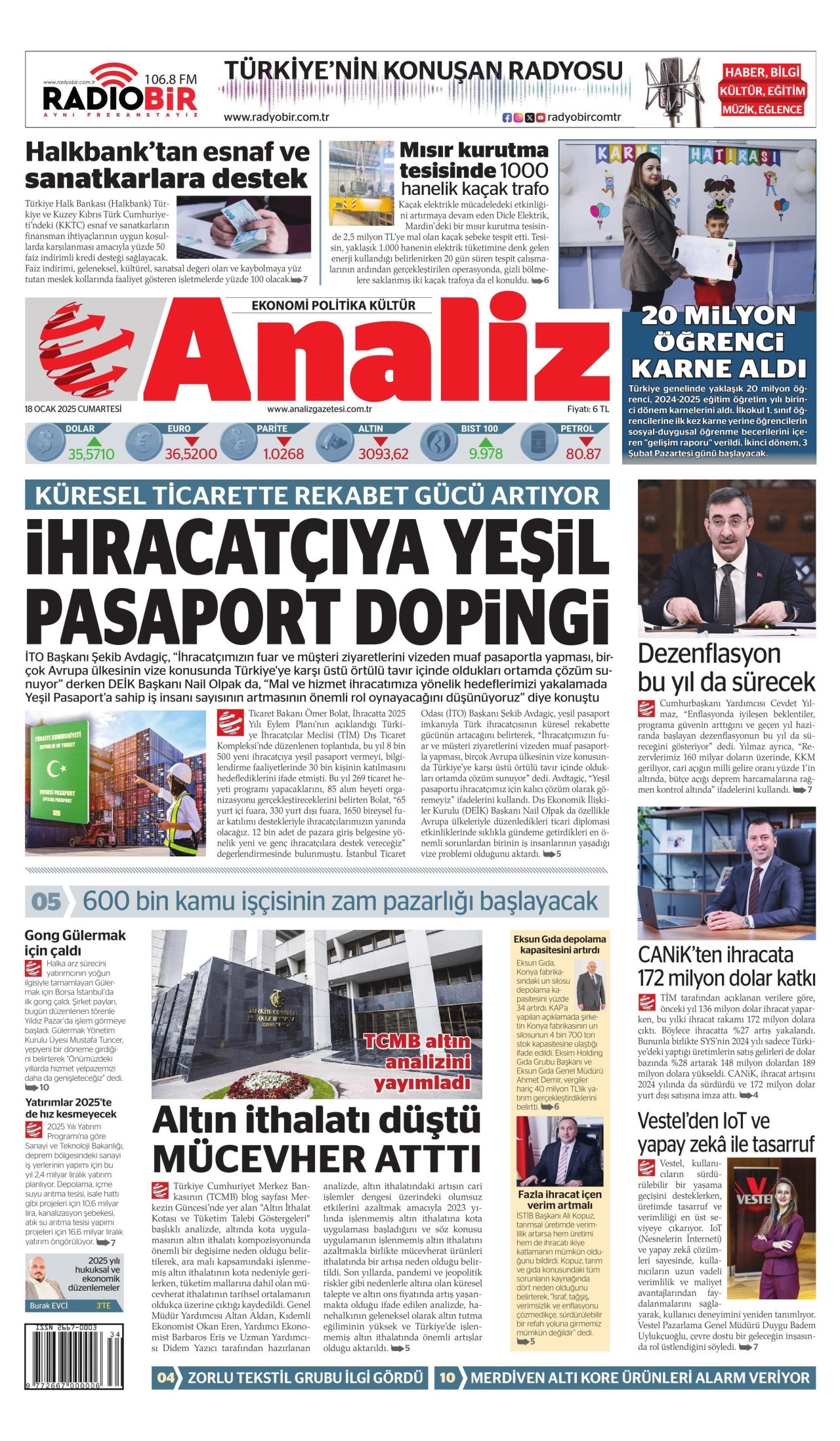 ANALİZ gazetesinin 18 Ocak 2025 tarihli birinci sayfası