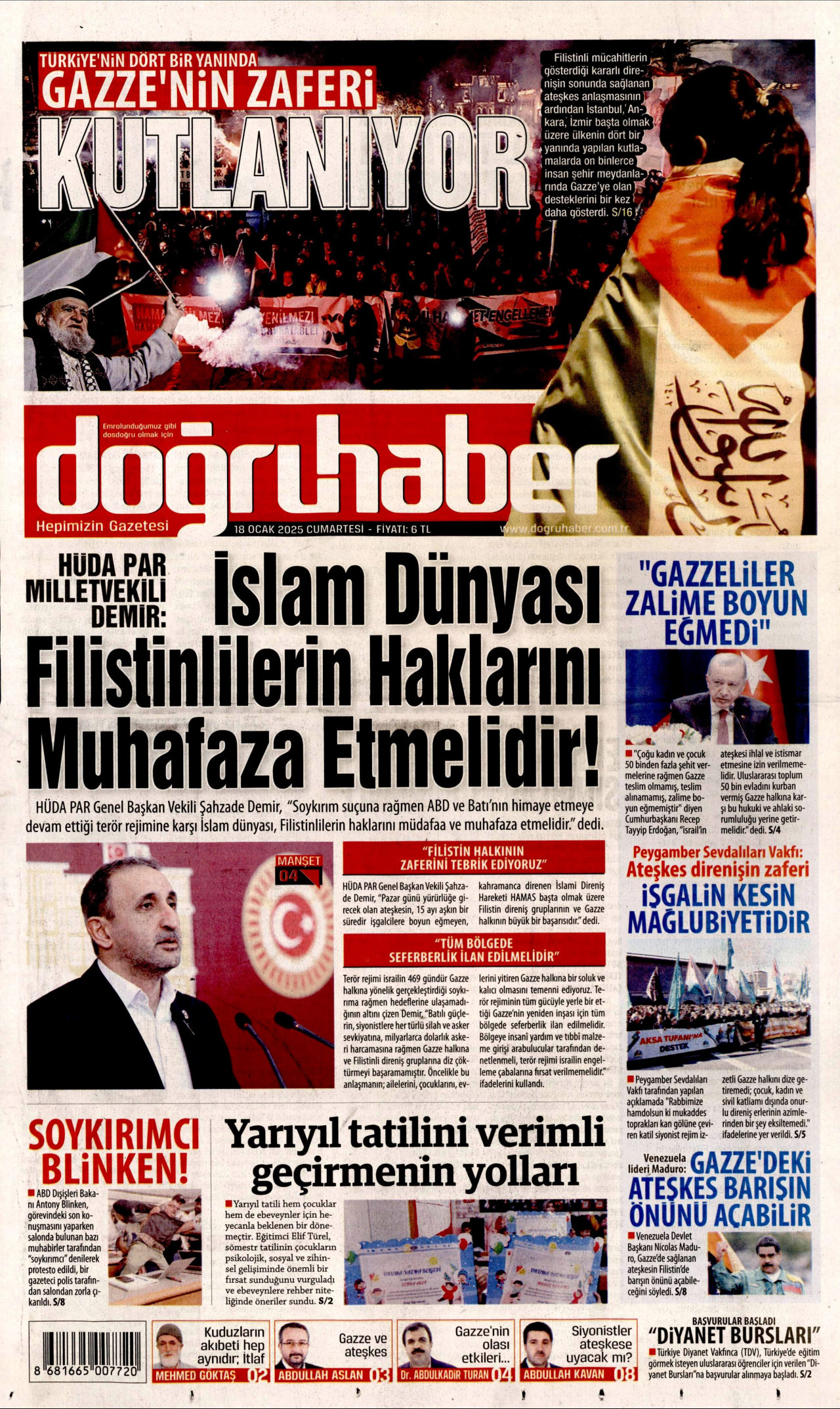DOĞRU HABER gazetesinin 18 Ocak 2025 tarihli birinci sayfası