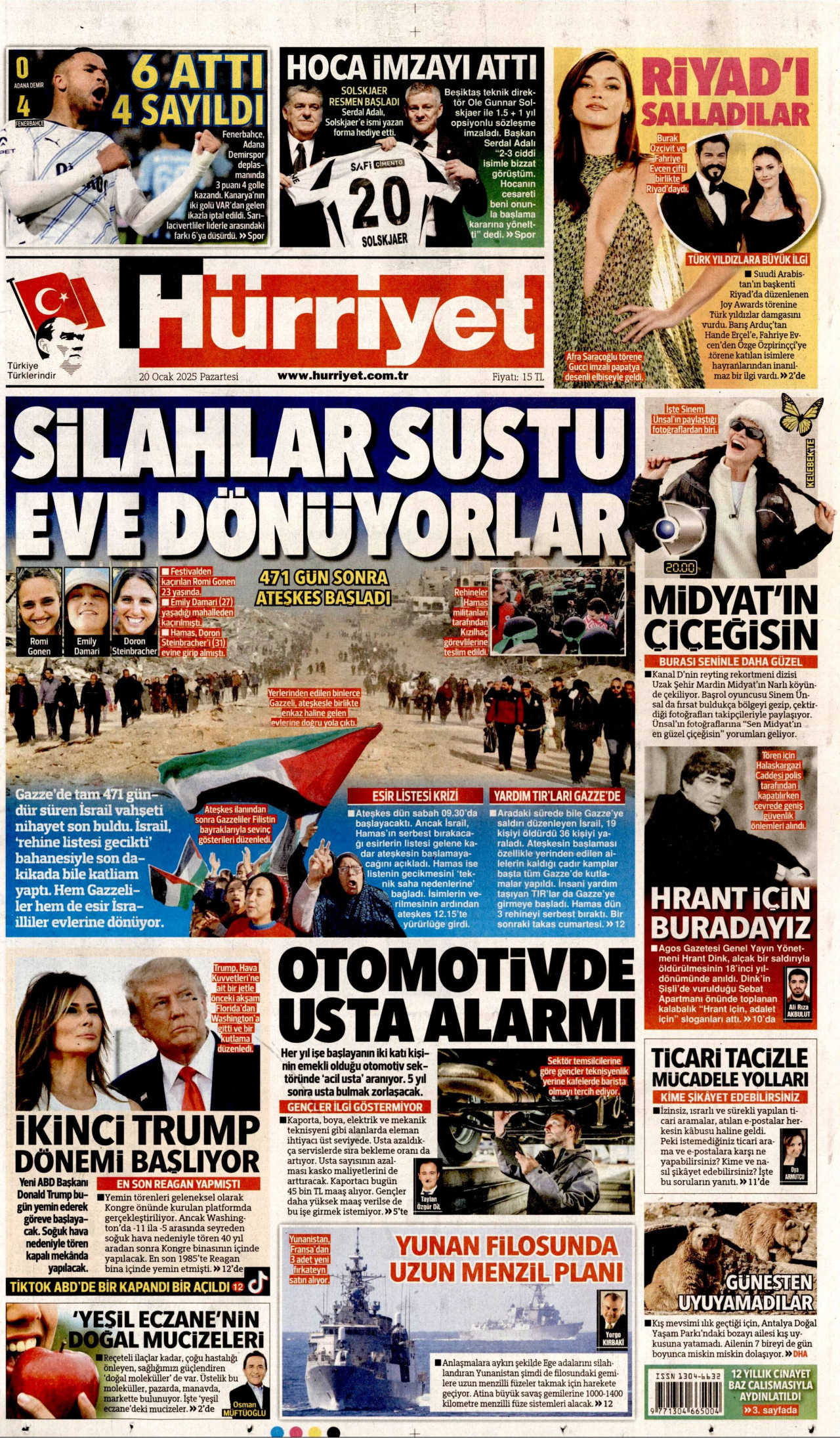HÜRRİYET gazetesinin 20 Ocak 2025 tarihli birinci sayfası