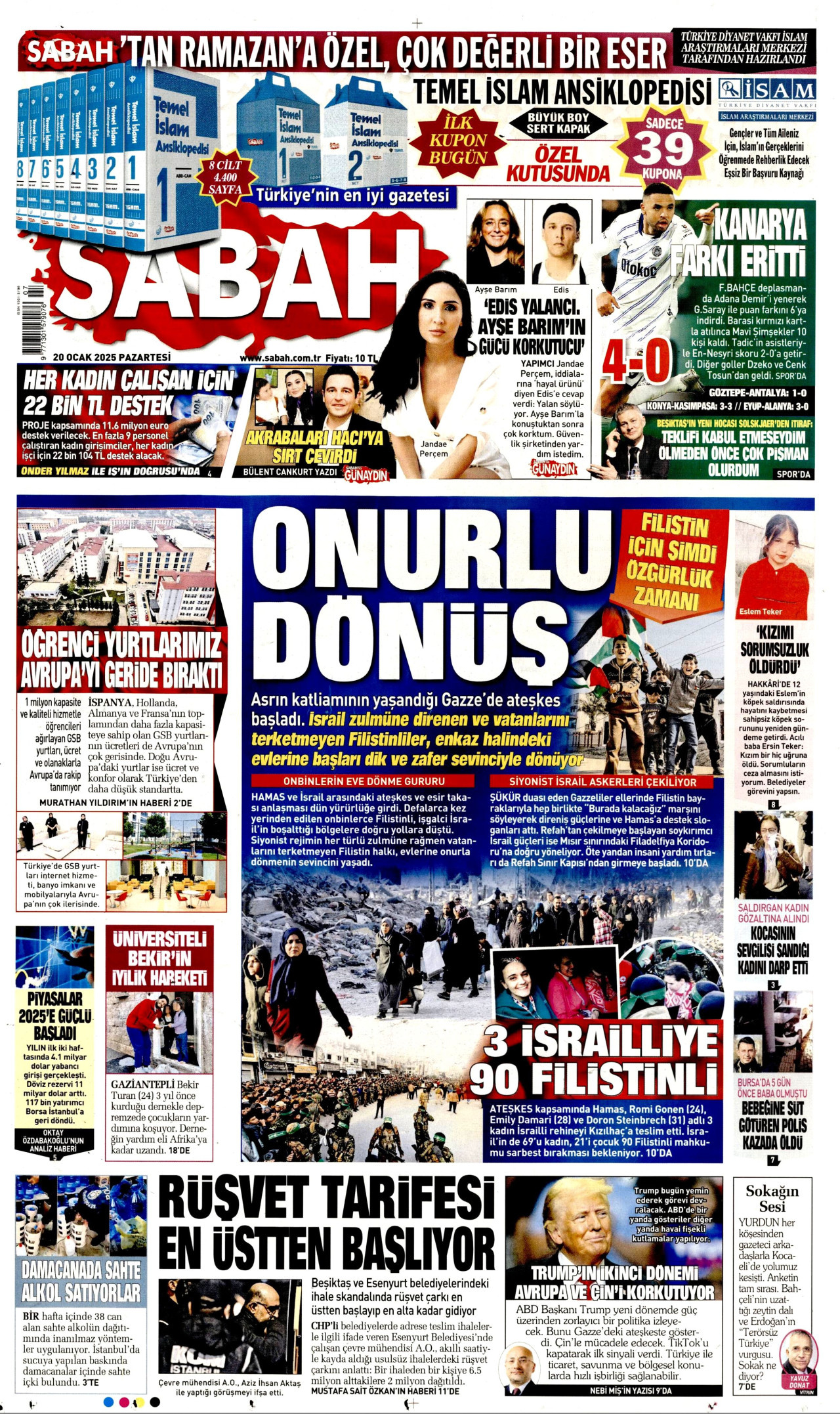 SABAH gazetesinin 20 Ocak 2025 tarihli birinci sayfası