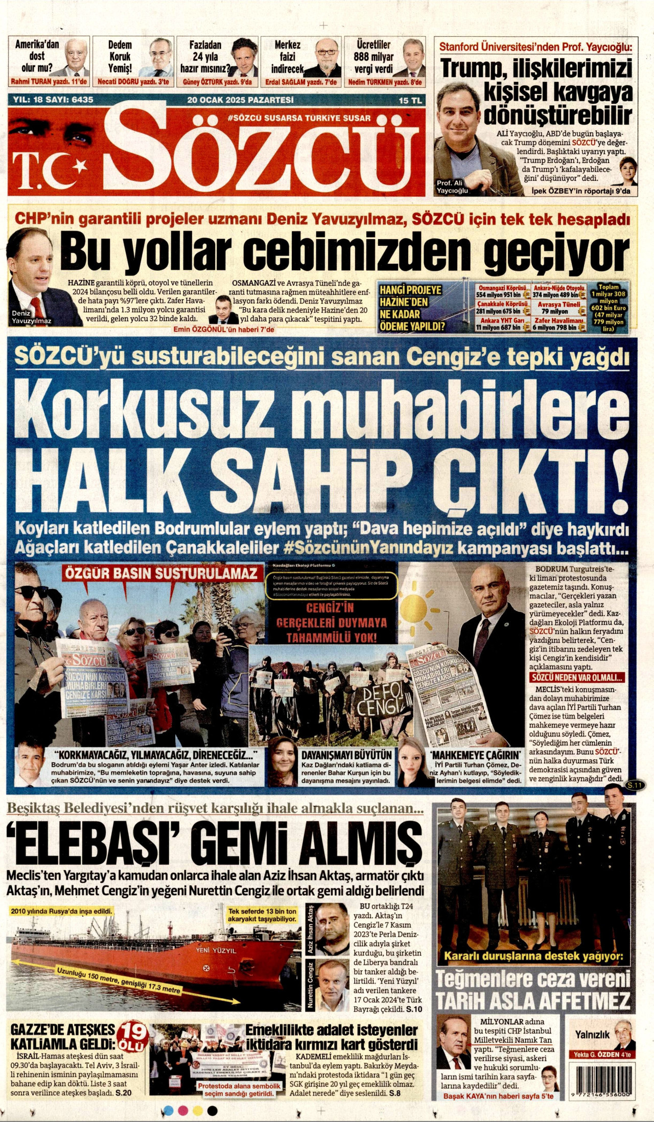 SÖZCÜ gazetesinin 20 Ocak 2025 tarihli birinci sayfası