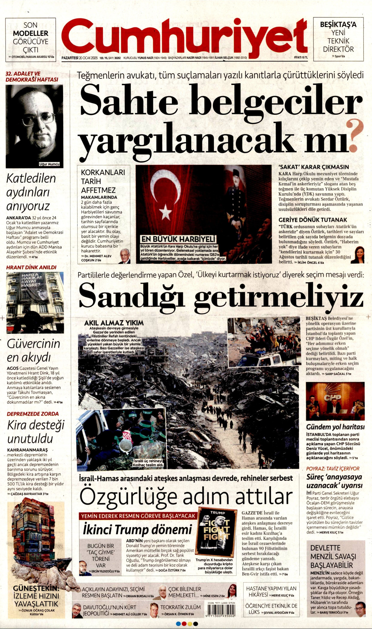 CUMHURİYET gazetesinin 20 Ocak 2025 tarihli birinci sayfası