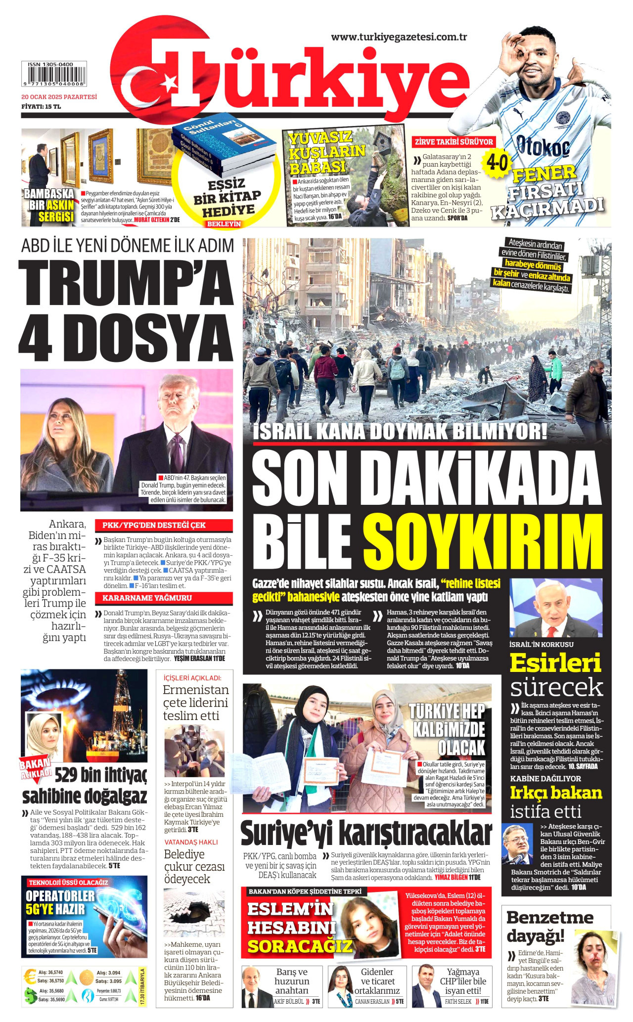 TÜRKİYE GAZETESİ gazetesinin 20 Ocak 2025 tarihli birinci sayfası