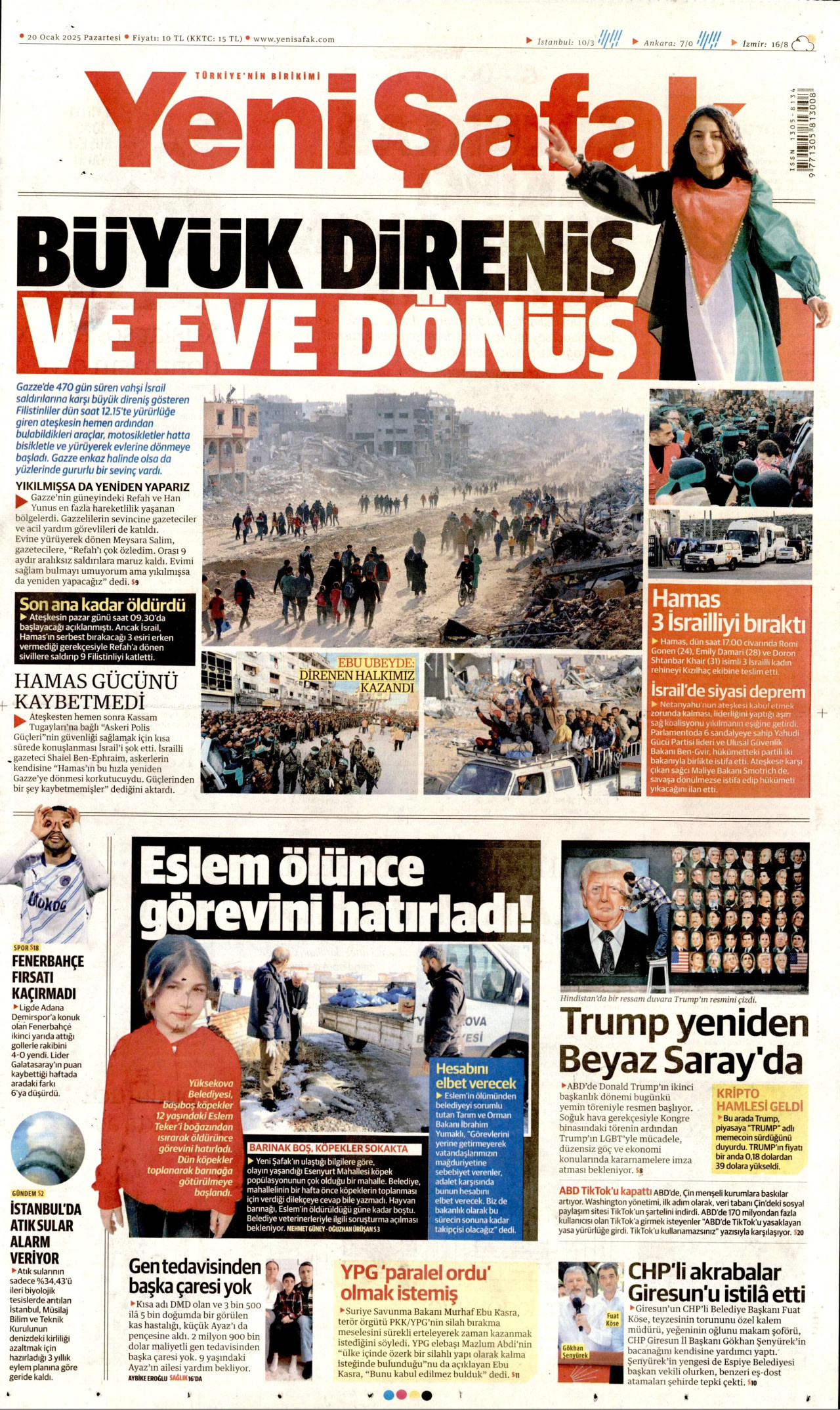 YENİ ŞAFAK gazetesinin 20 Ocak 2025 tarihli birinci sayfası