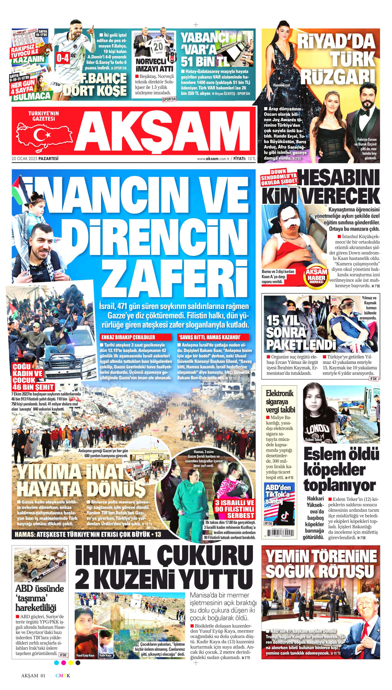 AKŞAM gazetesinin 20 Ocak 2025 tarihli birinci sayfası