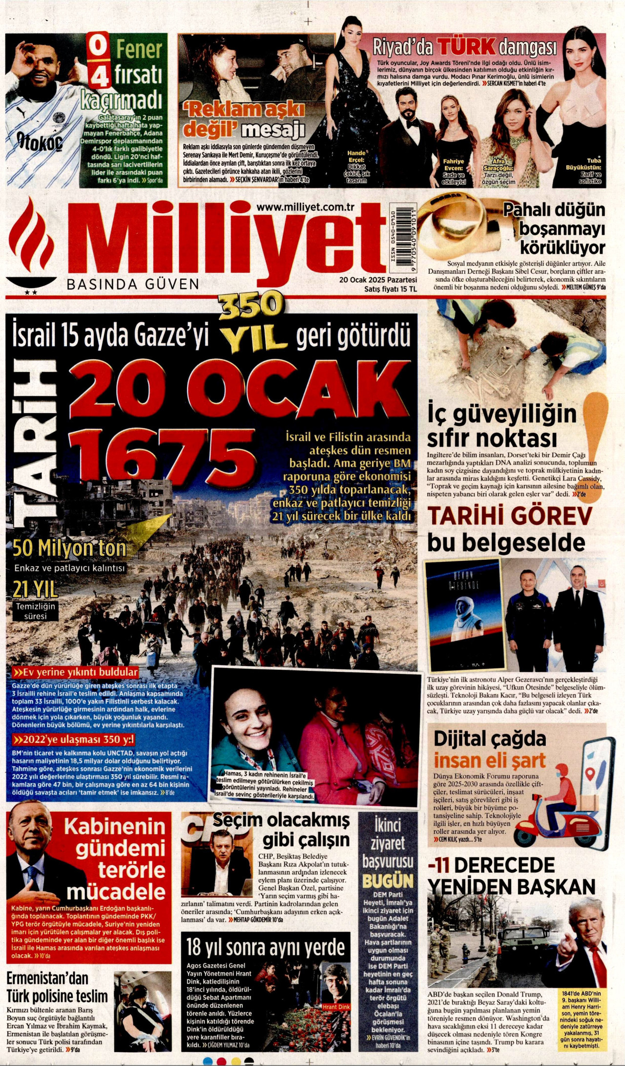 MİLLİYET gazetesinin 20 Ocak 2025 tarihli birinci sayfası