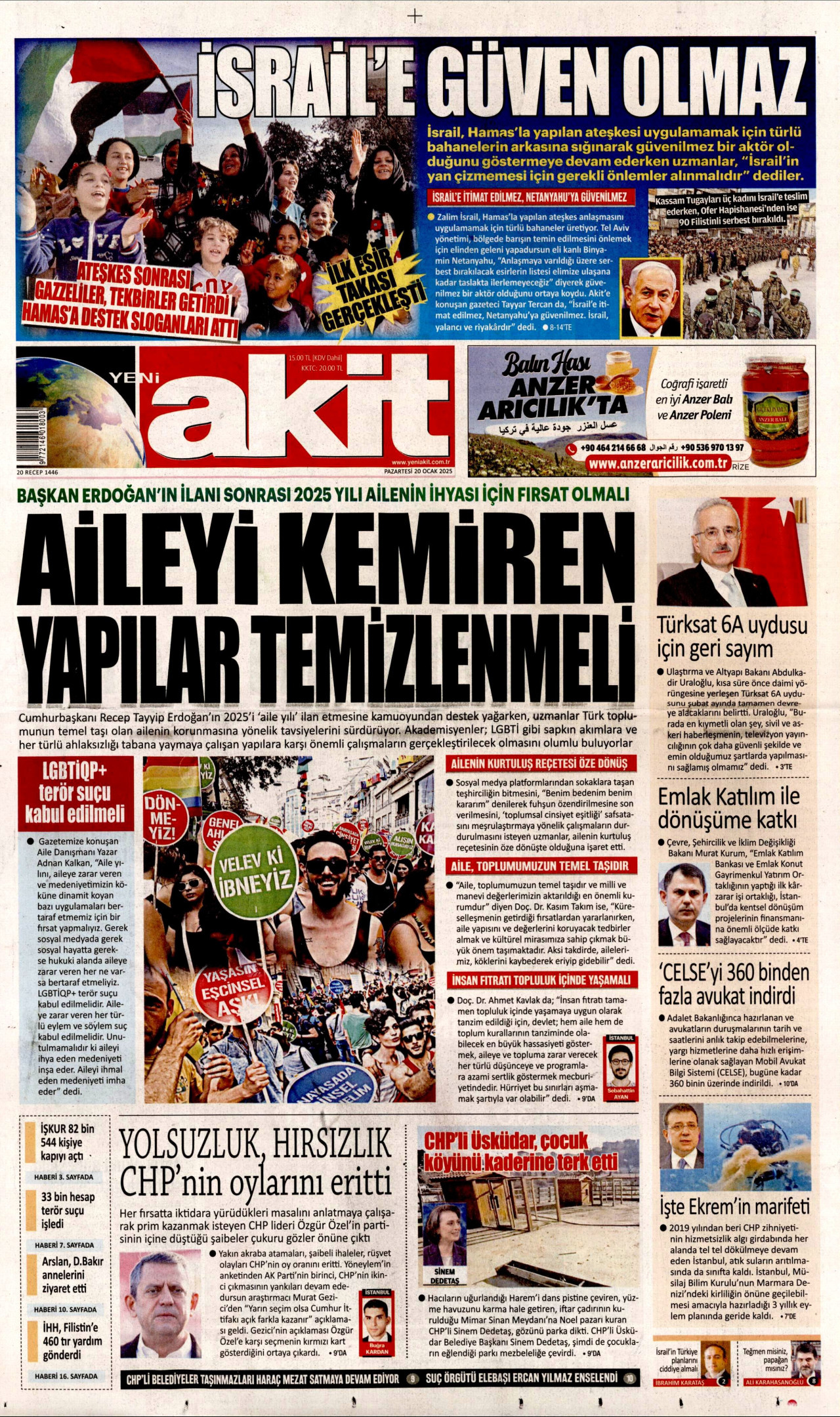 YENİ AKİT gazetesinin 20 Ocak 2025 tarihli birinci sayfası