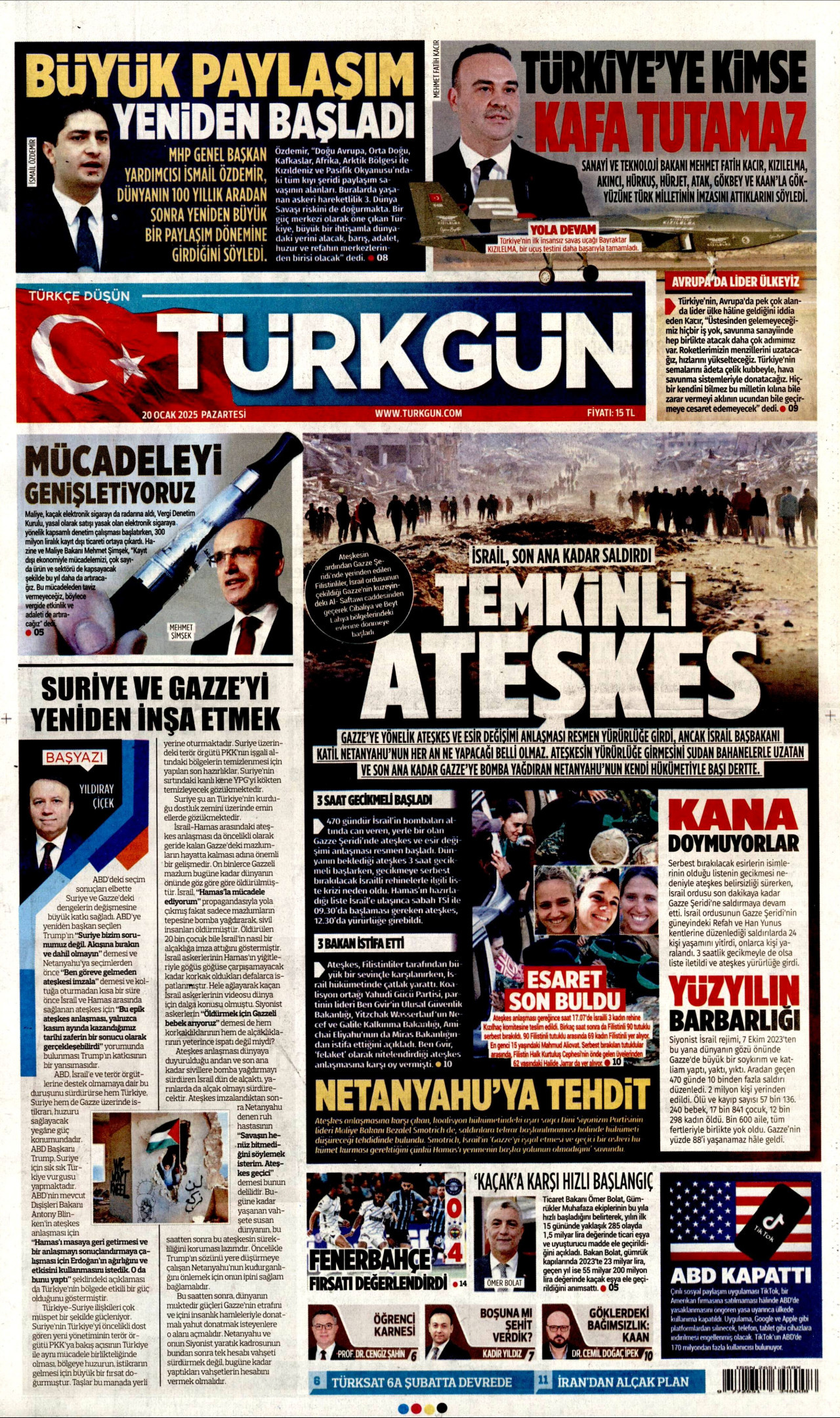 TÜRKGÜN gazetesinin 20 Ocak 2025 tarihli birinci sayfası