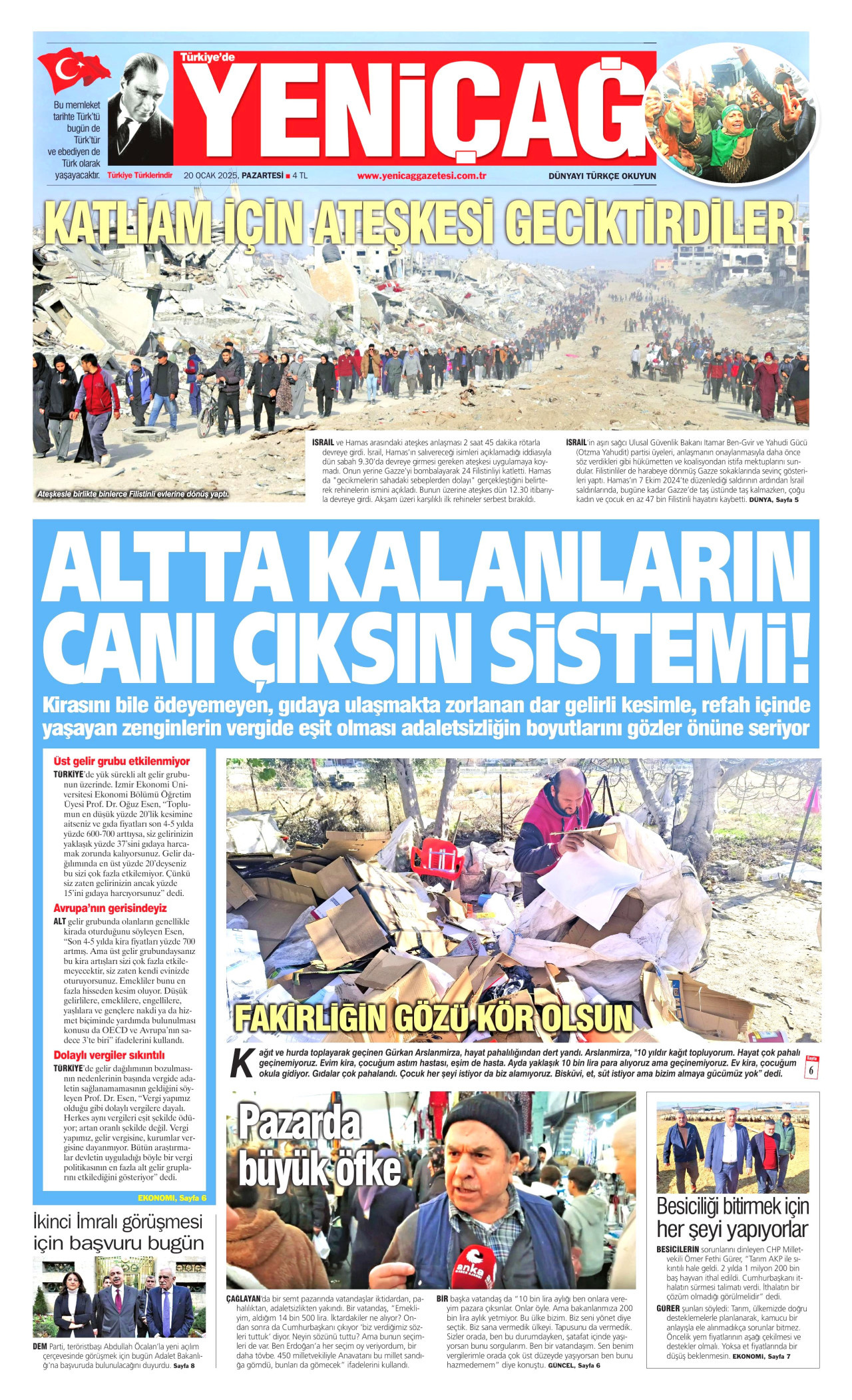 YENİÇAĞ gazetesinin 20 Ocak 2025 tarihli birinci sayfası