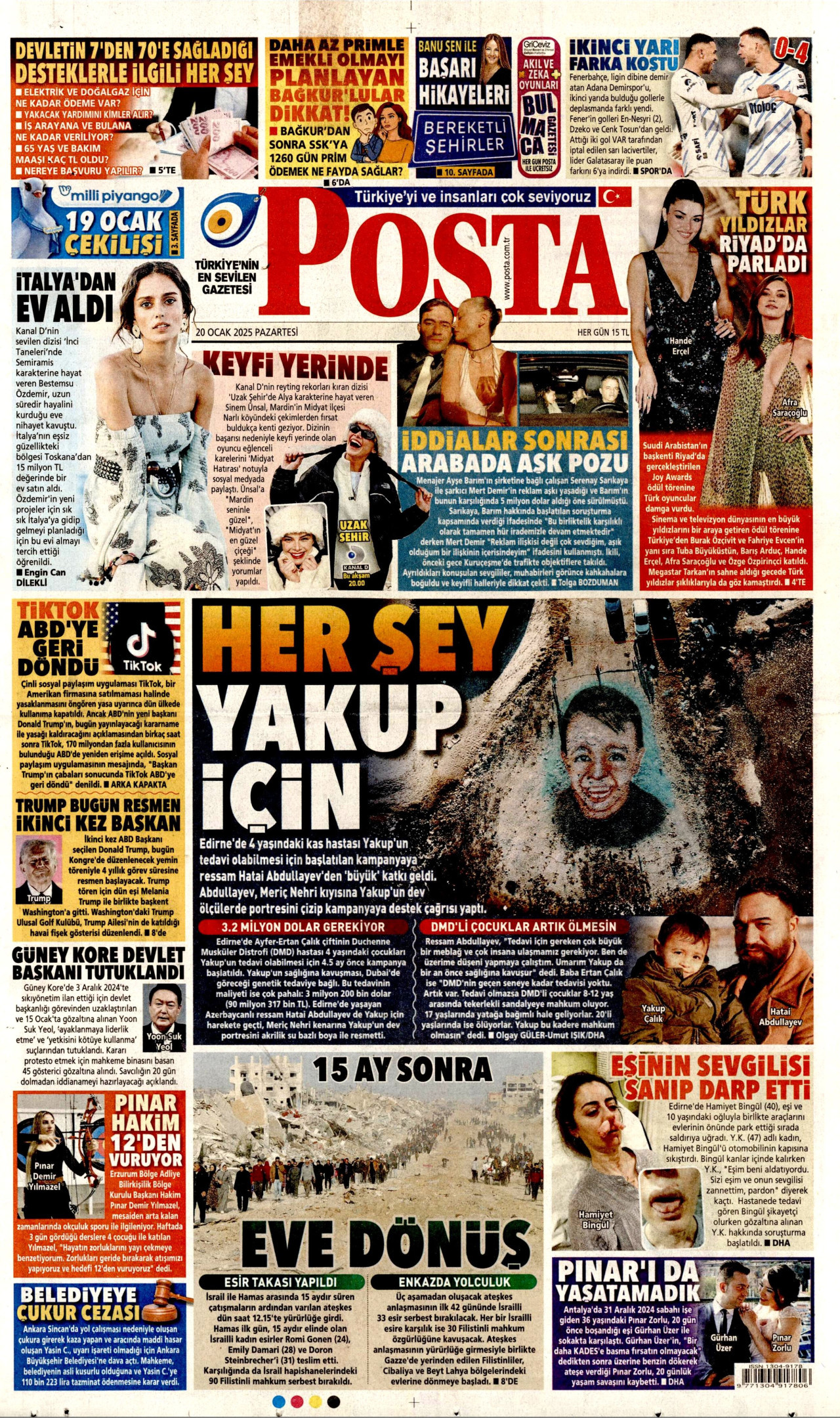 POSTA gazetesinin 20 Ocak 2025 tarihli birinci sayfası