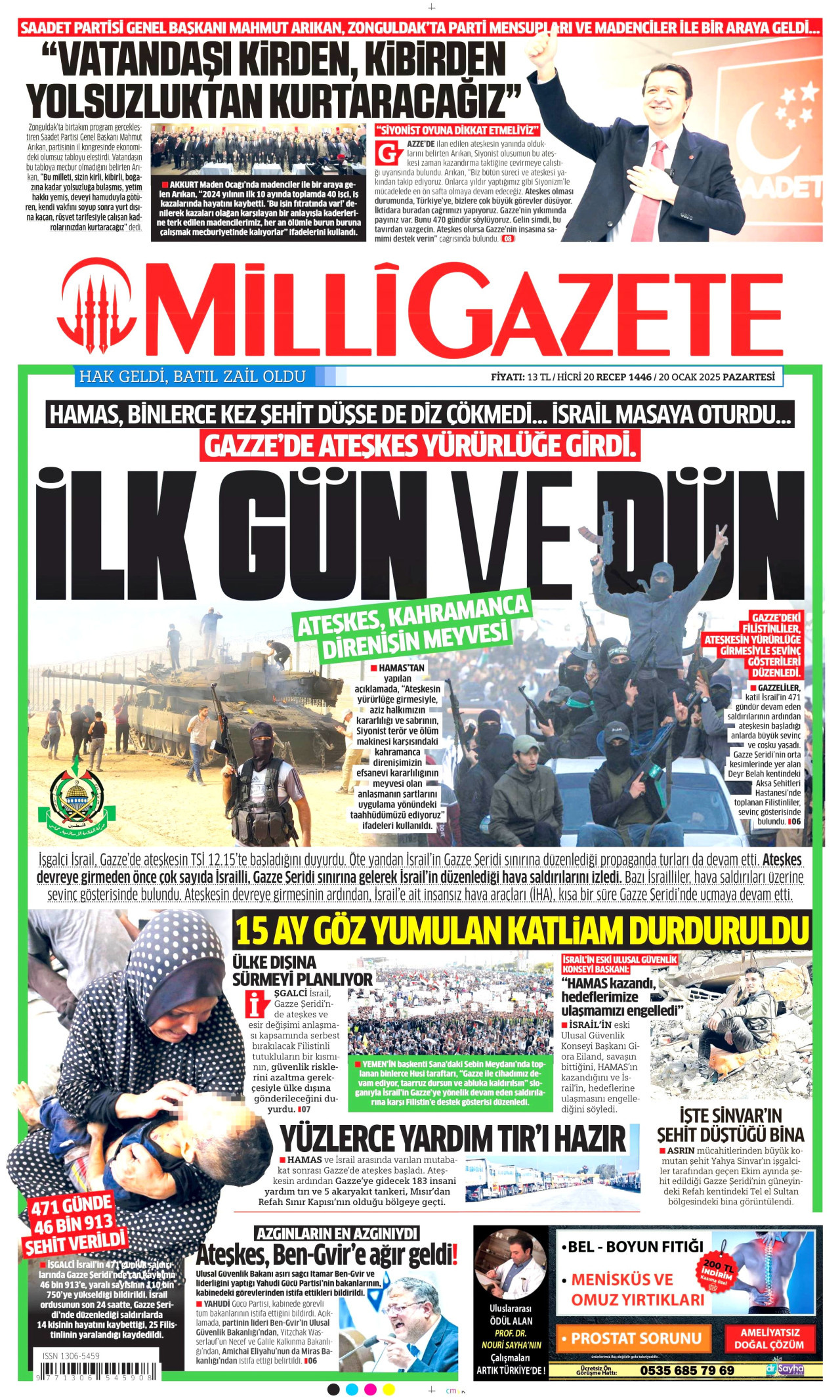 MİLLİ GAZETE gazetesinin 20 Ocak 2025 tarihli birinci sayfası
