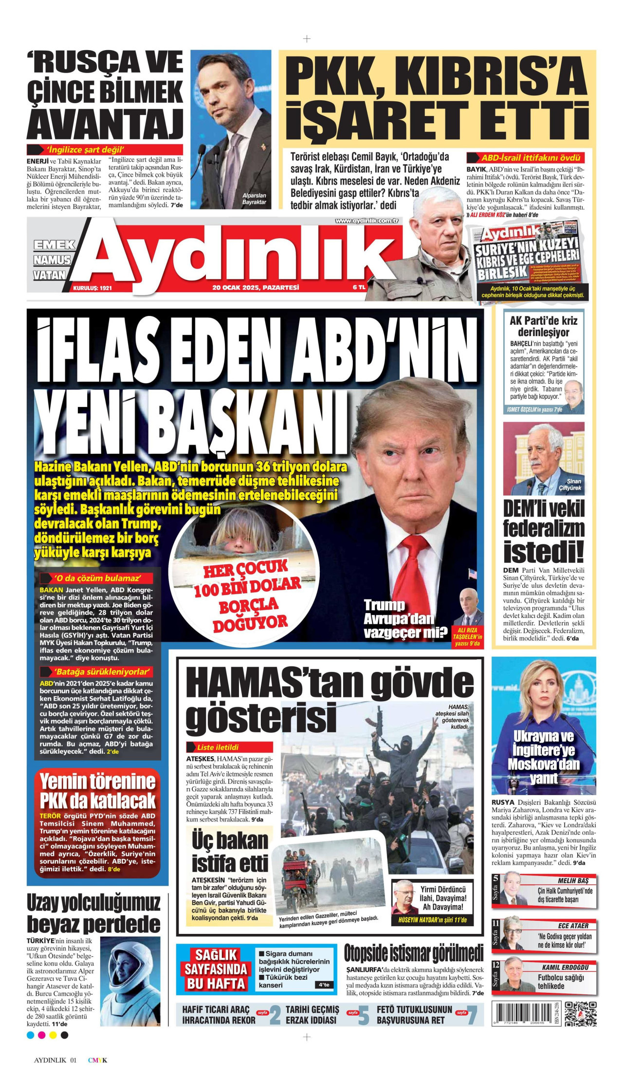 AYDINLIK GAZETESİ gazetesinin 20 Ocak 2025 tarihli birinci sayfası