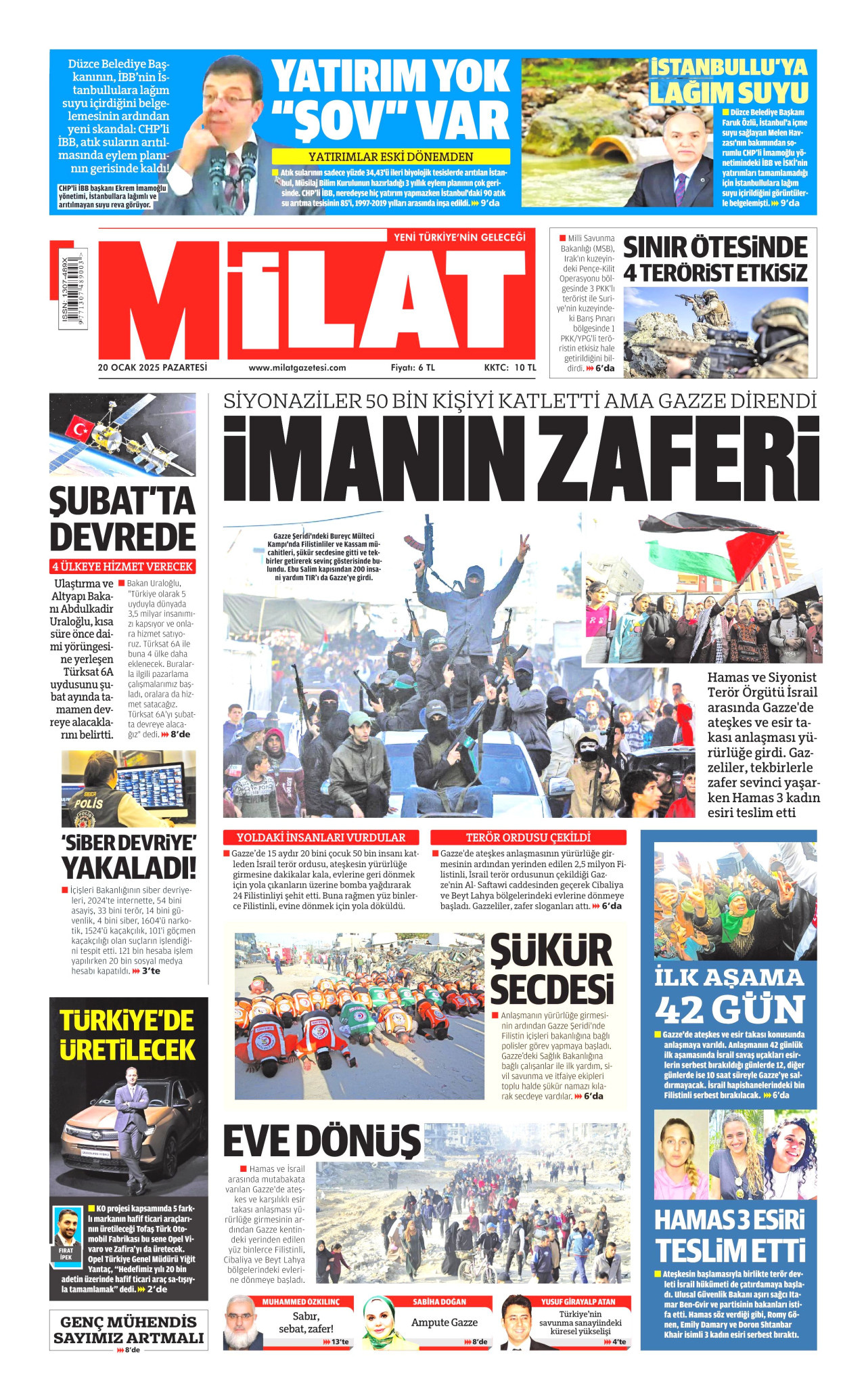 MİLAT gazetesinin 20 Ocak 2025 tarihli birinci sayfası