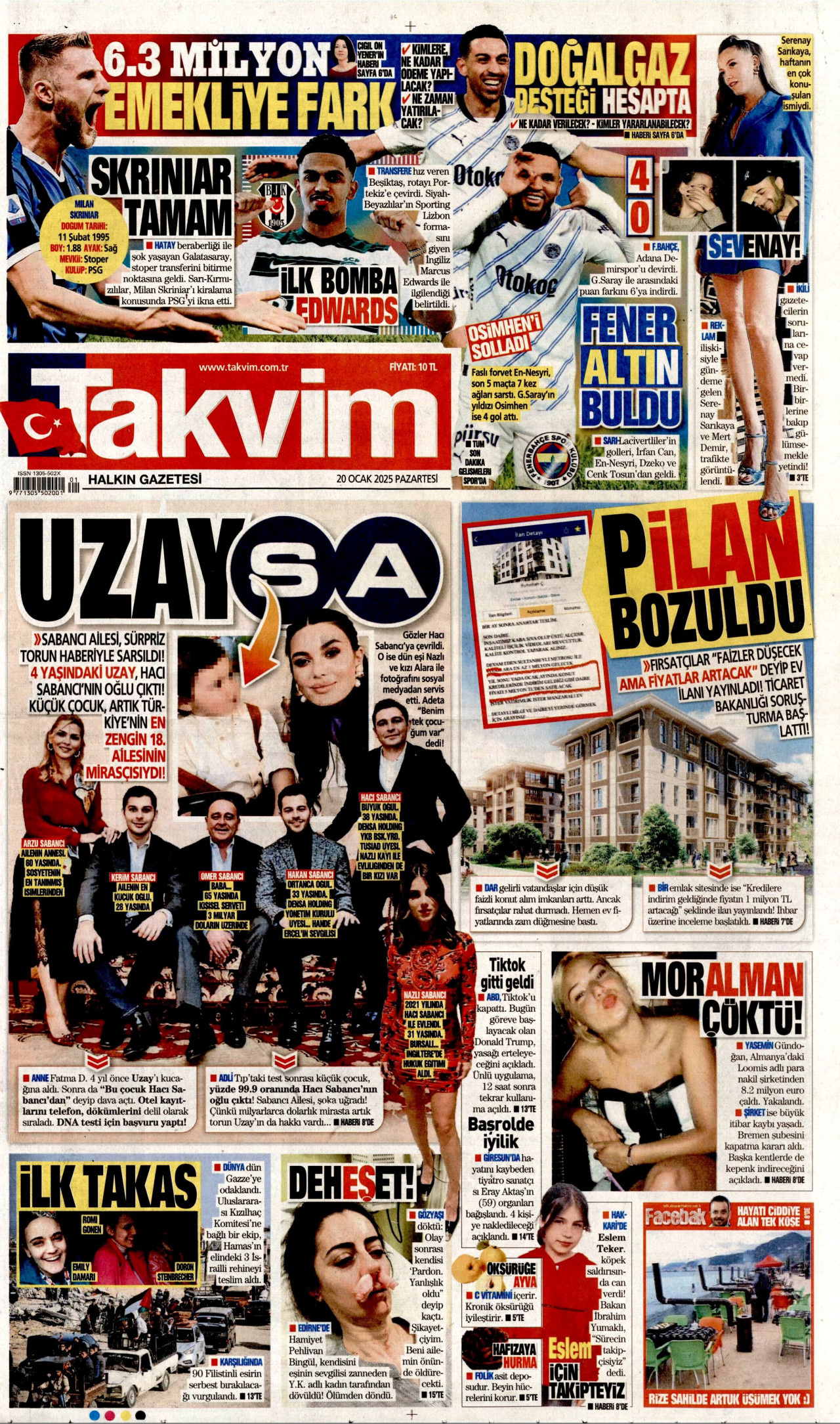 TAKVİM gazetesinin 20 Ocak 2025 tarihli birinci sayfası