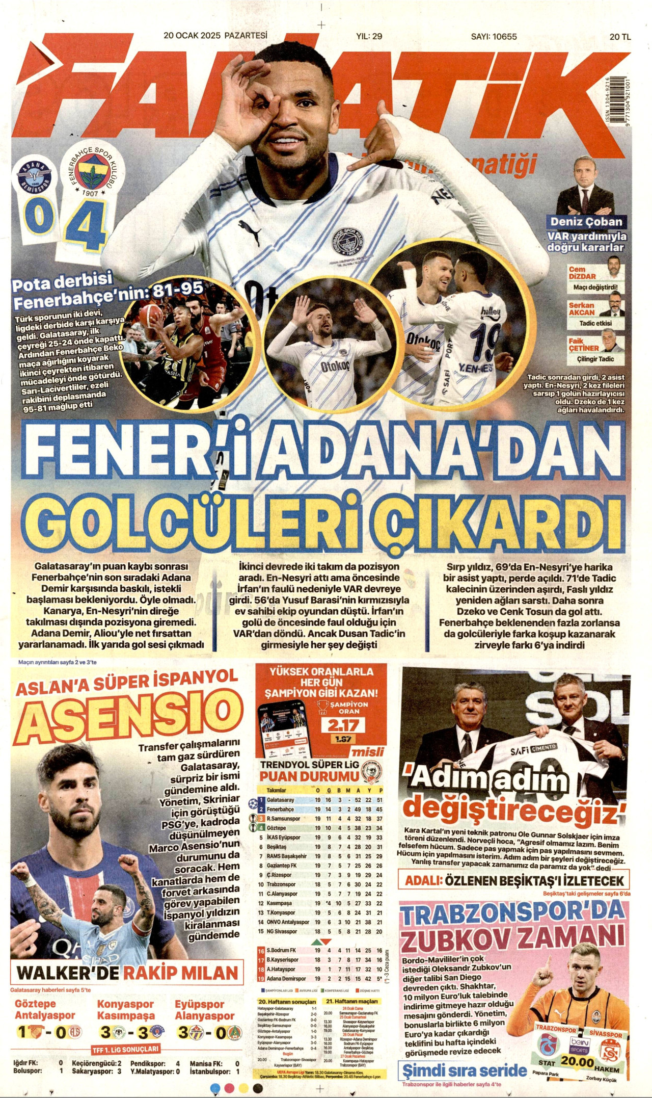 FANATİK gazetesinin 20 Ocak 2025 tarihli birinci sayfası