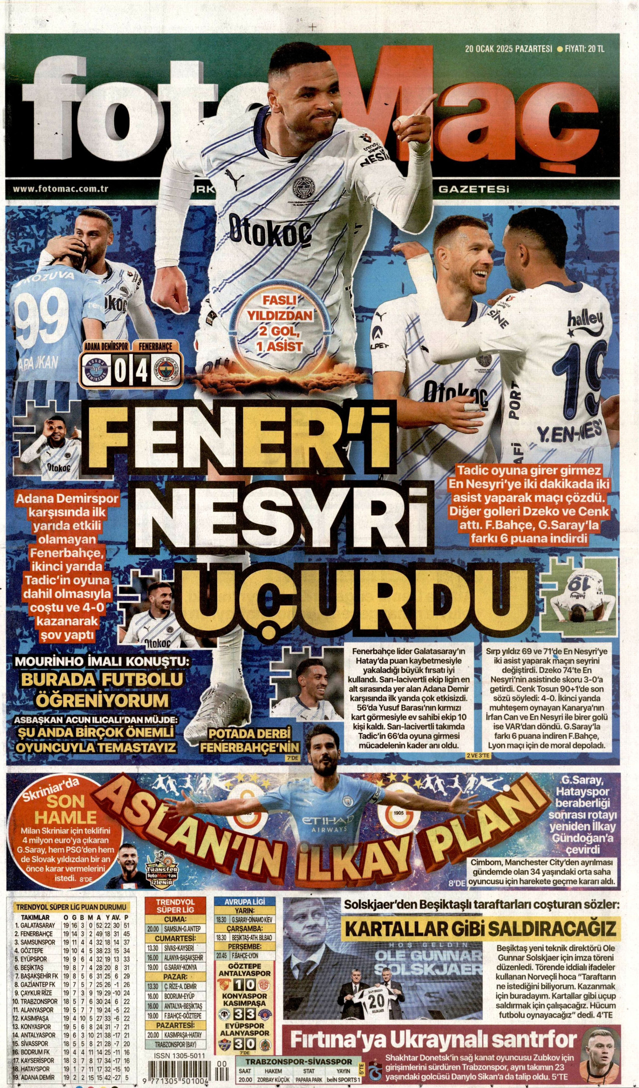 FOTOMAÇ gazetesinin 20 Ocak 2025 tarihli birinci sayfası