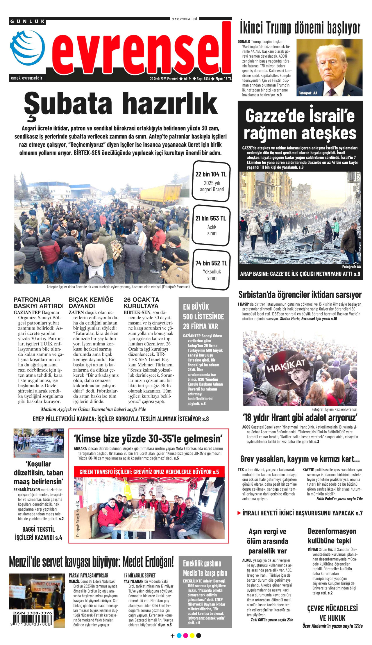 EVRENSEL gazetesinin 20 Ocak 2025 tarihli birinci sayfası