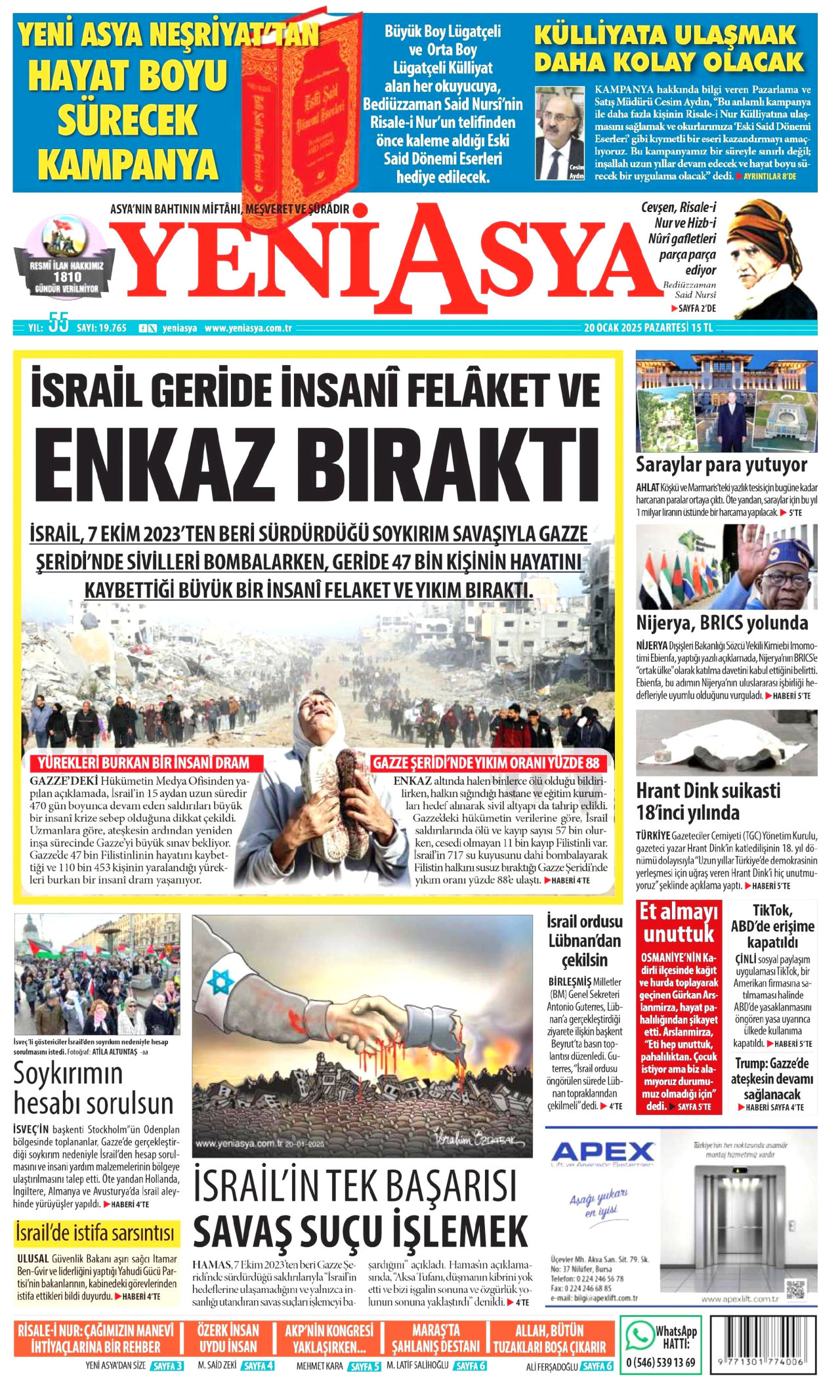 YENİ ASYA gazetesinin 20 Ocak 2025 tarihli birinci sayfası