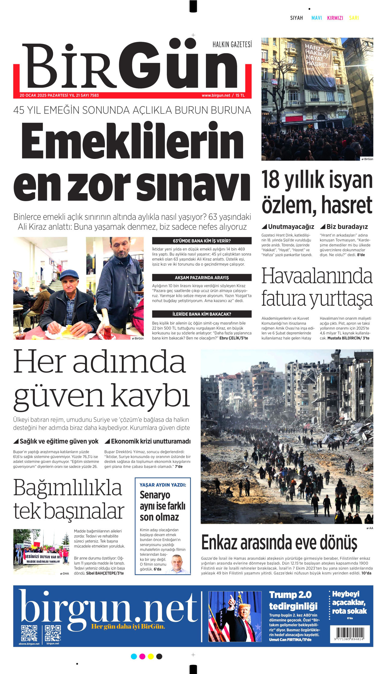 BİRGÜN gazetesinin 20 Ocak 2025 tarihli birinci sayfası