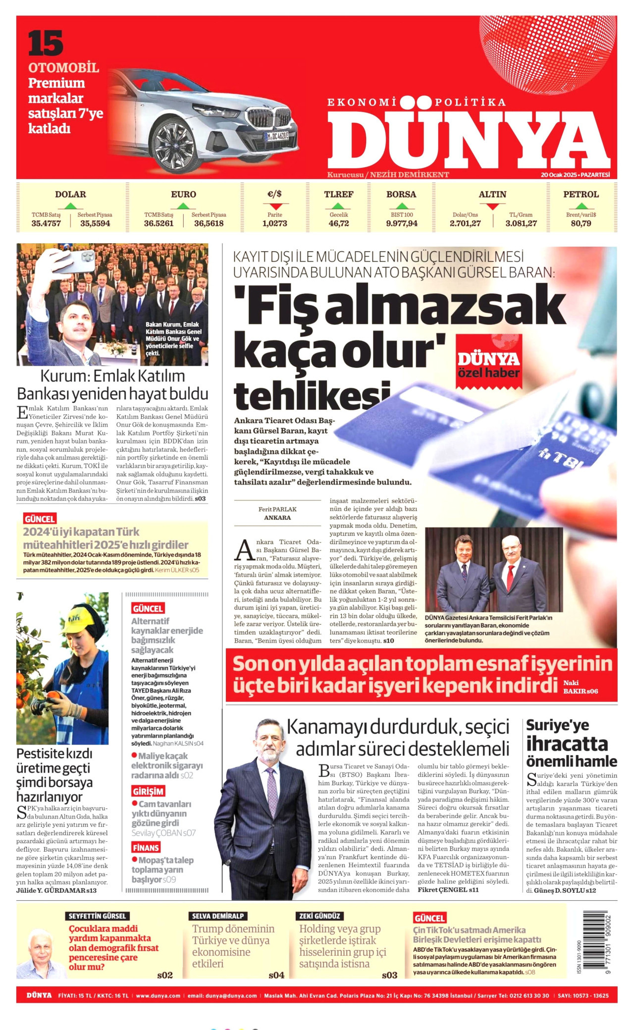 DÜNYA gazetesinin 20 Ocak 2025 tarihli birinci sayfası