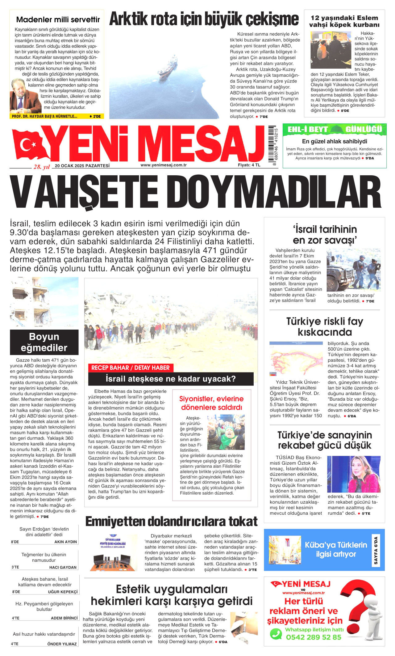 YENİ MESAJ gazetesinin 20 Ocak 2025 tarihli birinci sayfası