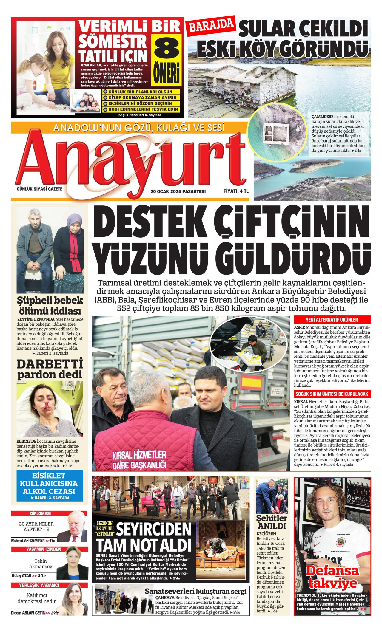 ANAYURT gazetesinin 20 Ocak 2025 tarihli birinci sayfası
