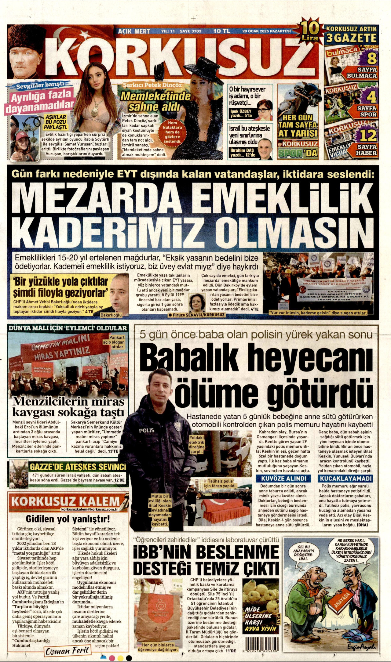 KORKUSUZ gazetesinin 20 Ocak 2025 tarihli birinci sayfası