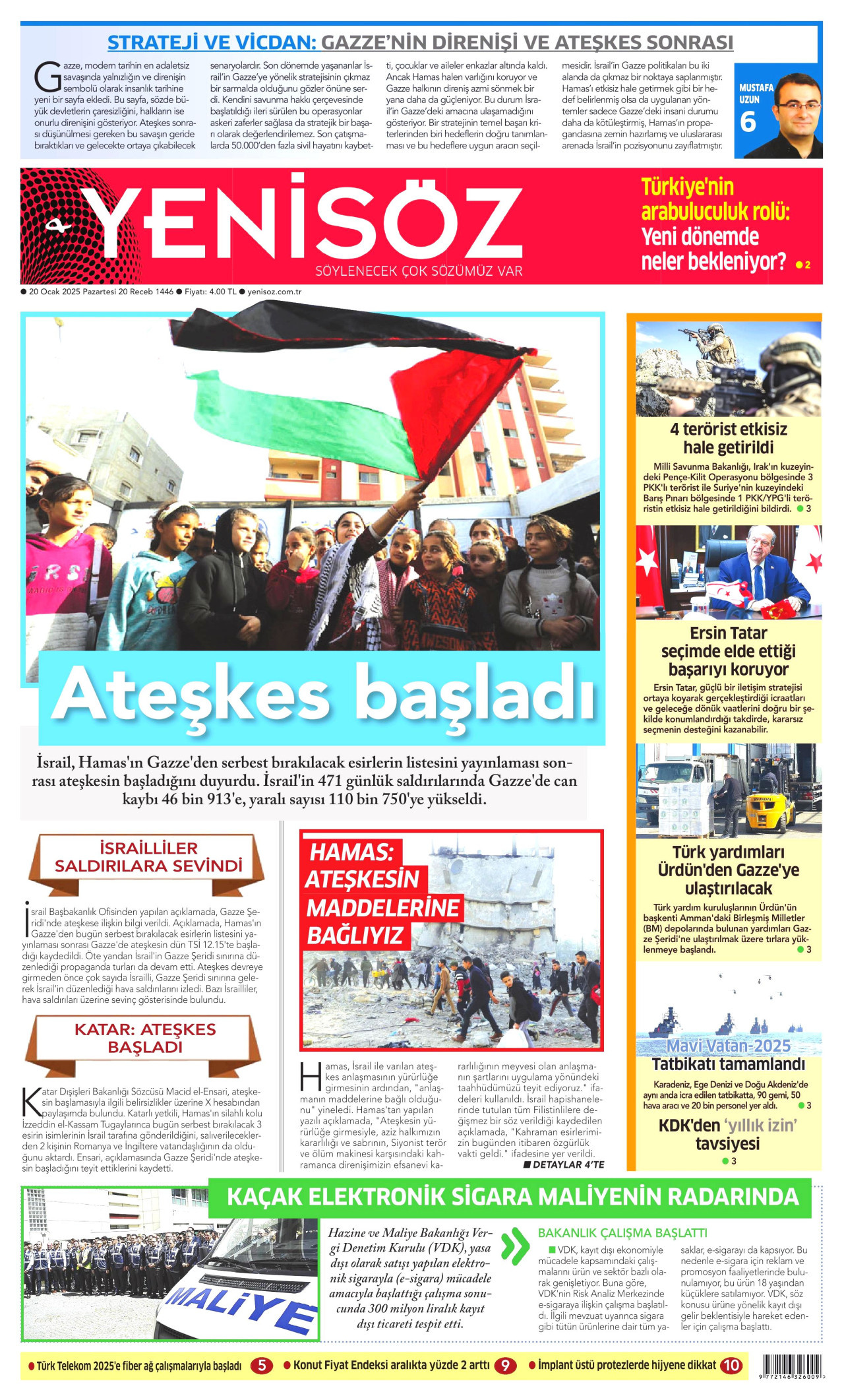 YENİ SÖZ GAZETESİ gazetesinin 20 Ocak 2025 tarihli birinci sayfası