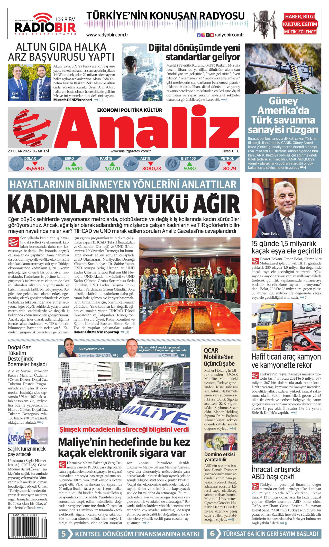 ANALİZ gazetesinin 20 Ocak 2025 tarihli birinci sayfası