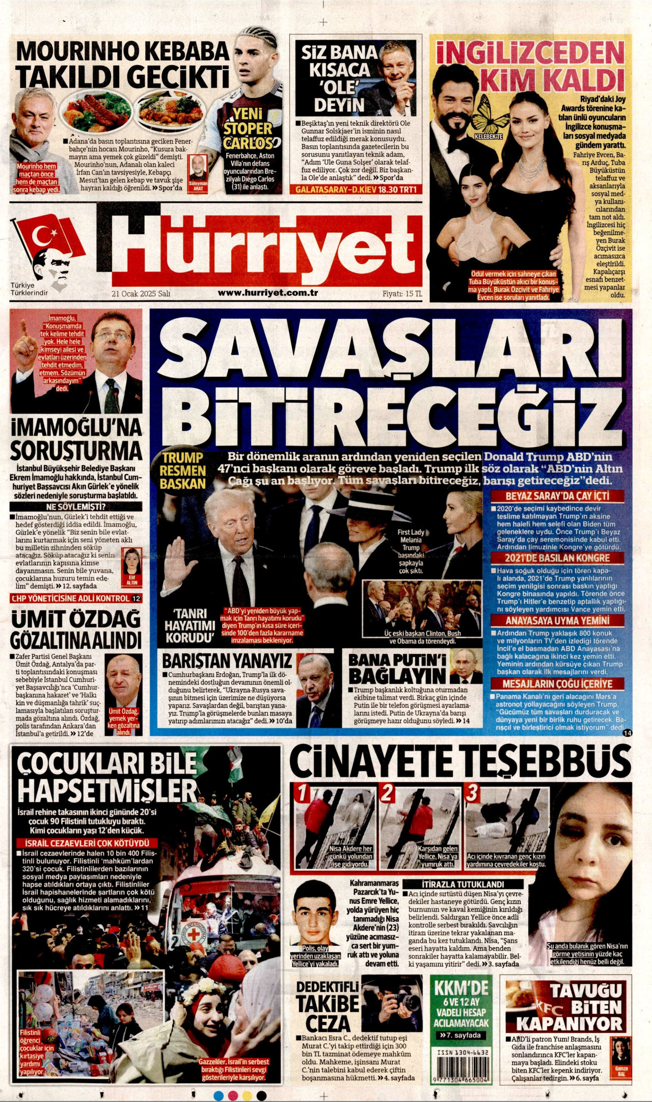 HÜRRİYET gazetesinin 21 Ocak 2025 tarihli birinci sayfası