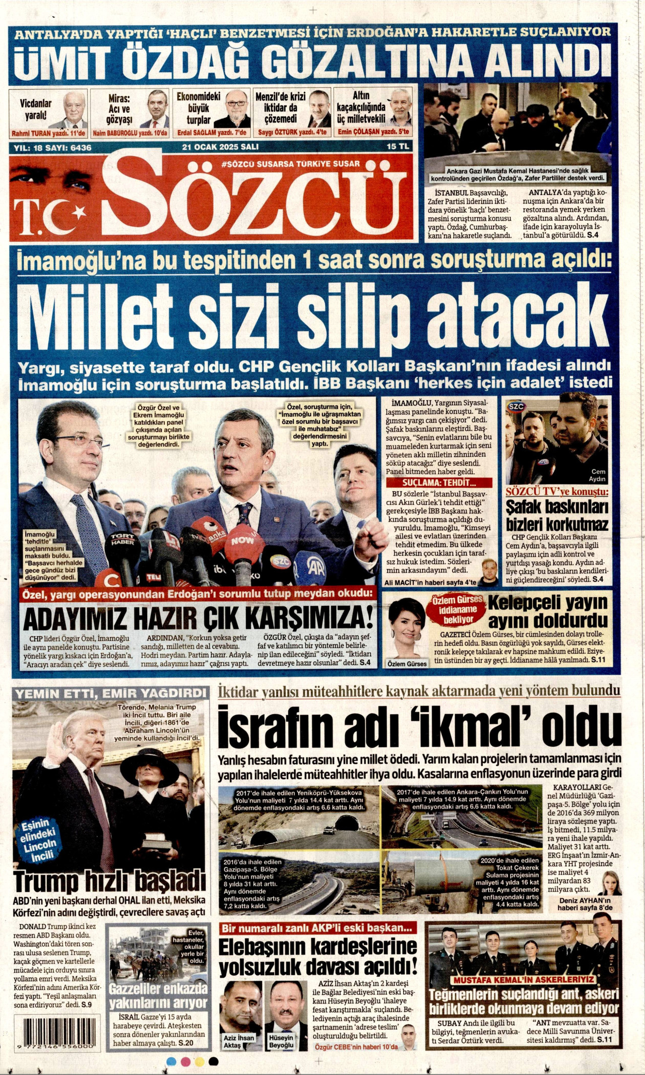 SÖZCÜ gazetesinin 21 Ocak 2025 tarihli birinci sayfası