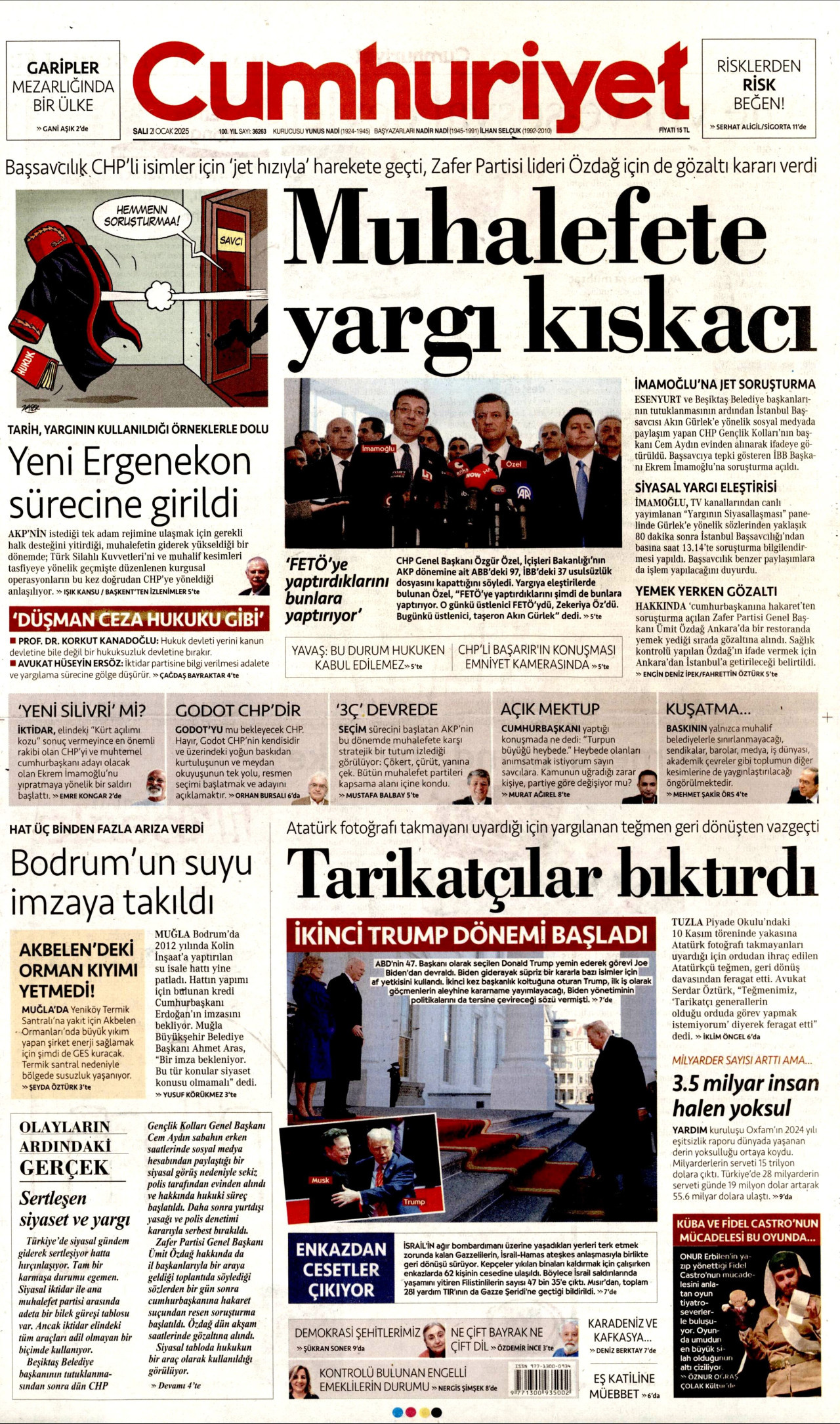 CUMHURİYET gazetesinin 21 Ocak 2025 tarihli birinci sayfası