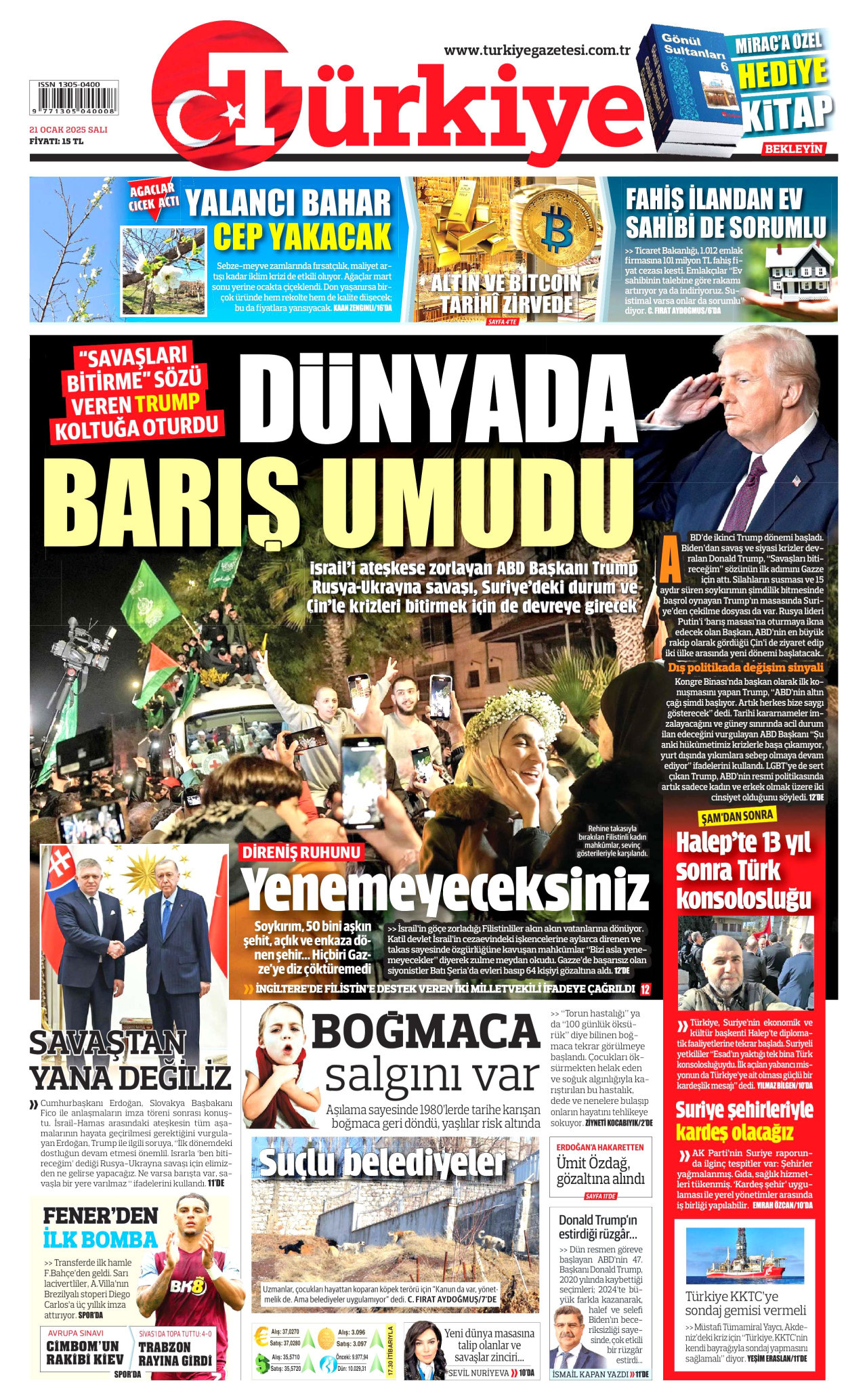 TÜRKİYE GAZETESİ gazetesinin 21 Ocak 2025 tarihli birinci sayfası