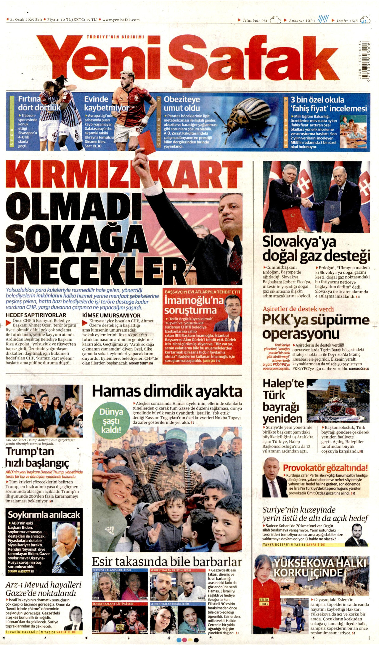 YENİ ŞAFAK gazetesinin 21 Ocak 2025 tarihli birinci sayfası
