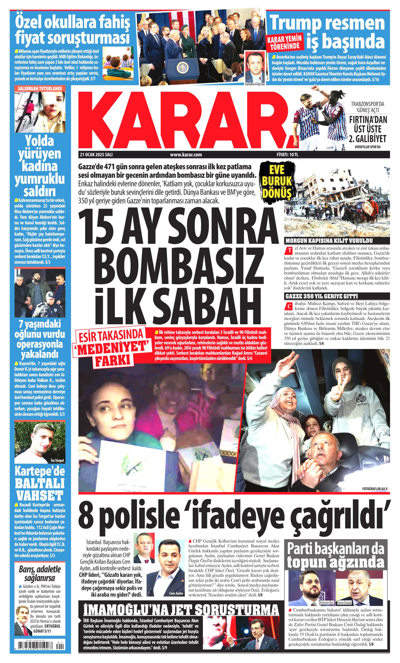 KARAR gazetesinin 21 Ocak 2025 tarihli birinci sayfası