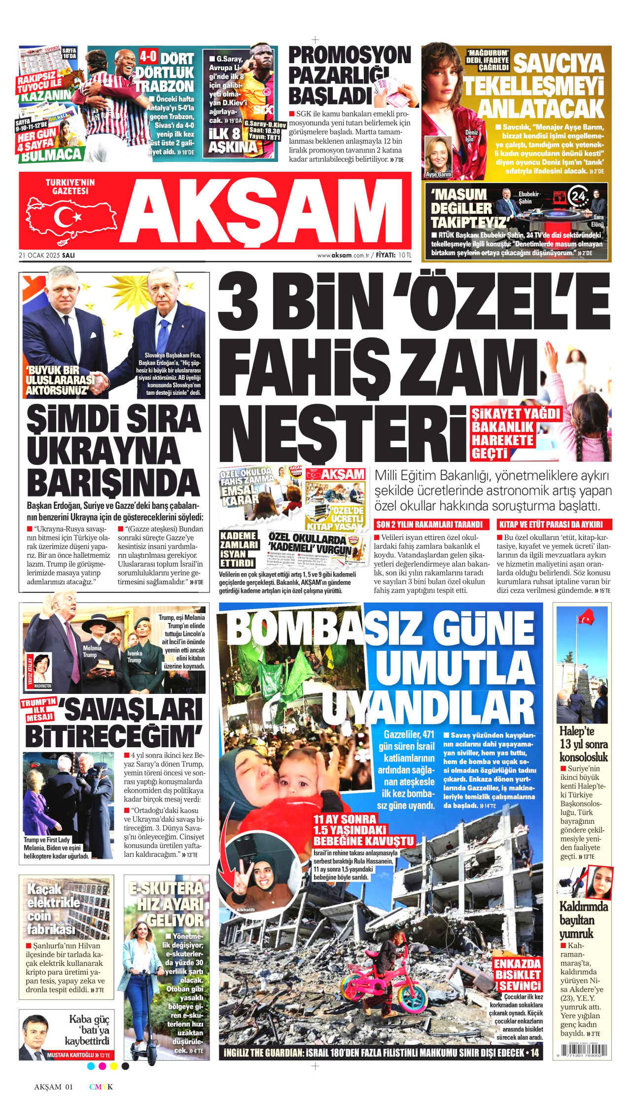 AKŞAM gazetesinin 21 Ocak 2025 tarihli birinci sayfası