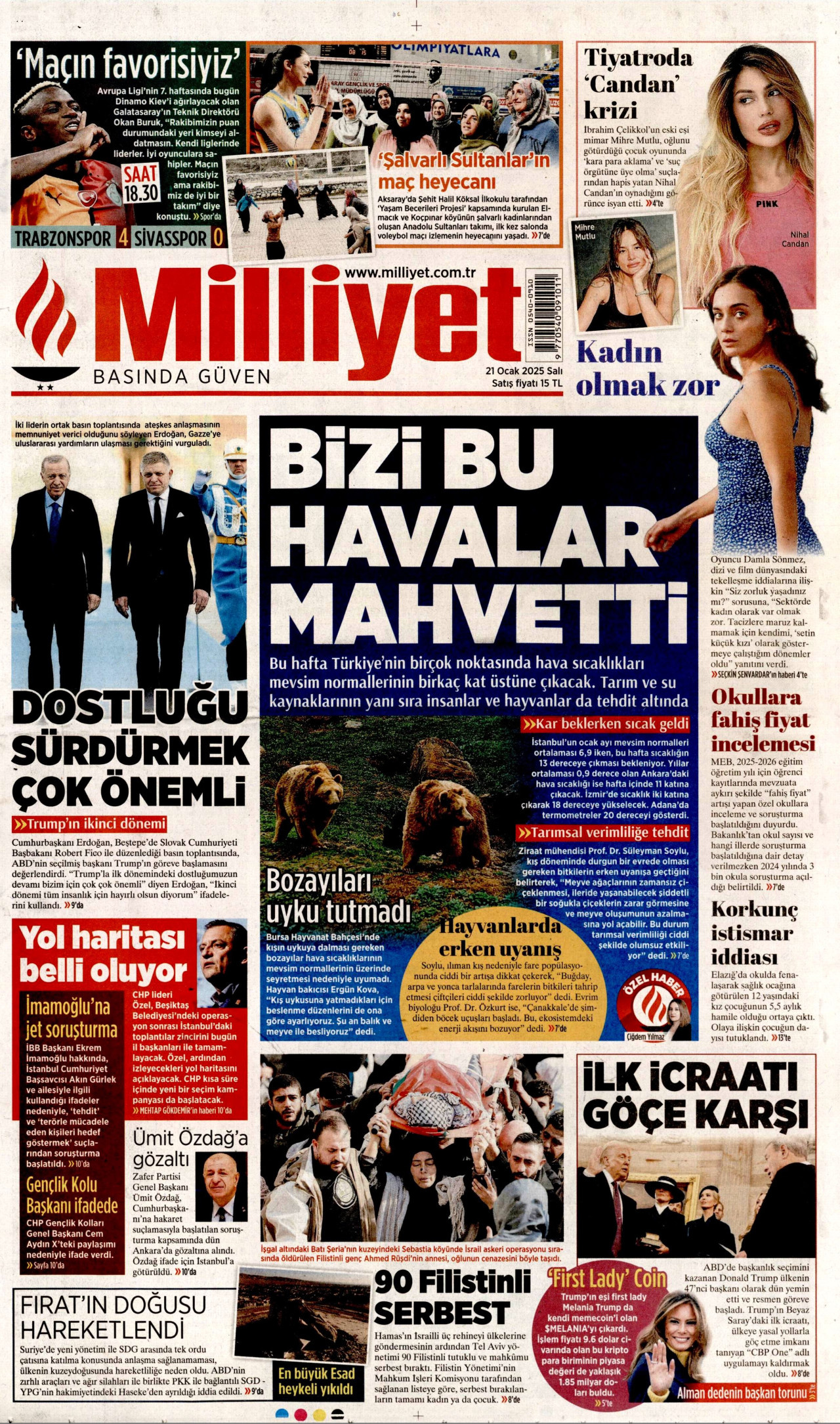 MİLLİYET gazetesinin 21 Ocak 2025 tarihli birinci sayfası