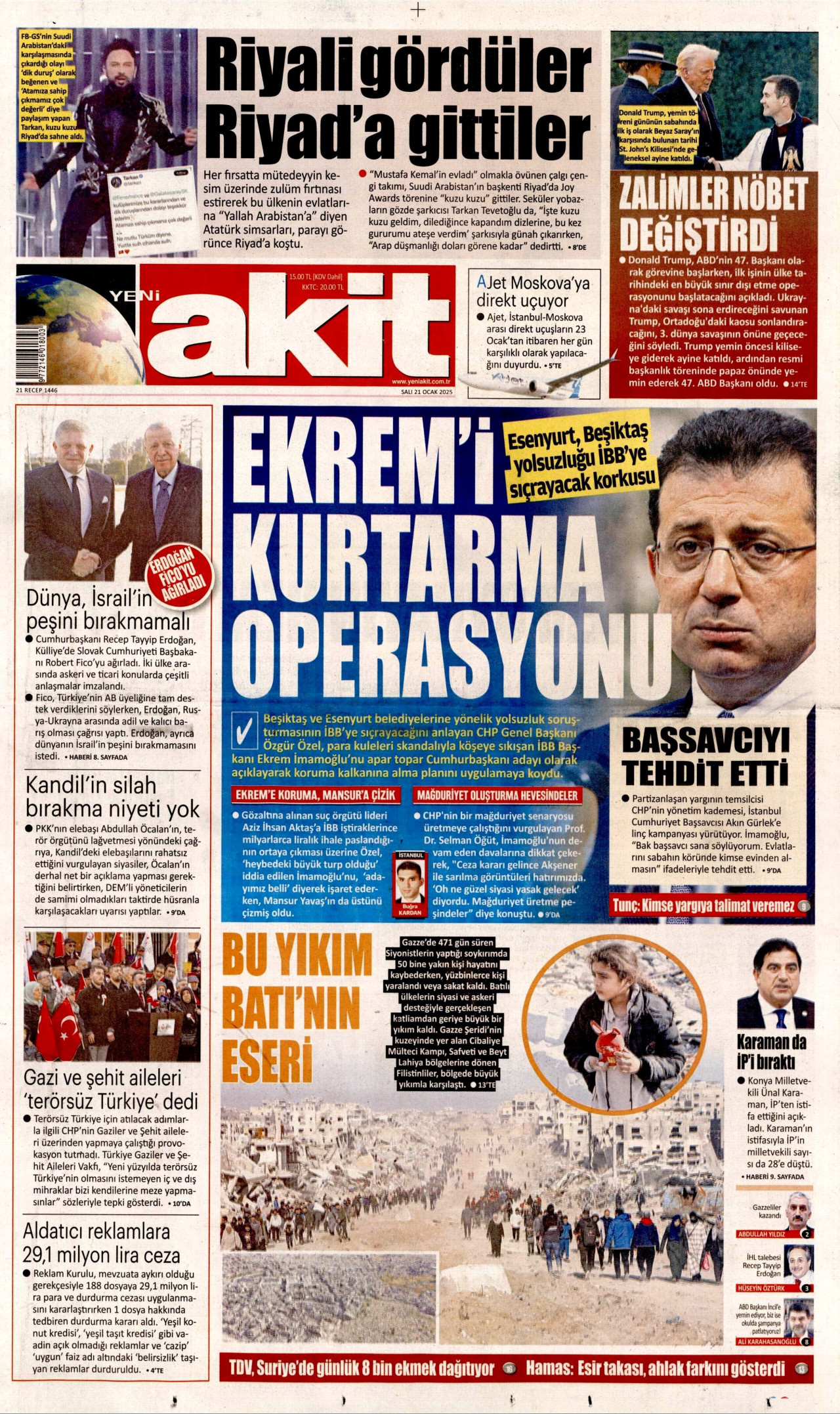 YENİ AKİT gazetesinin 21 Ocak 2025 tarihli birinci sayfası