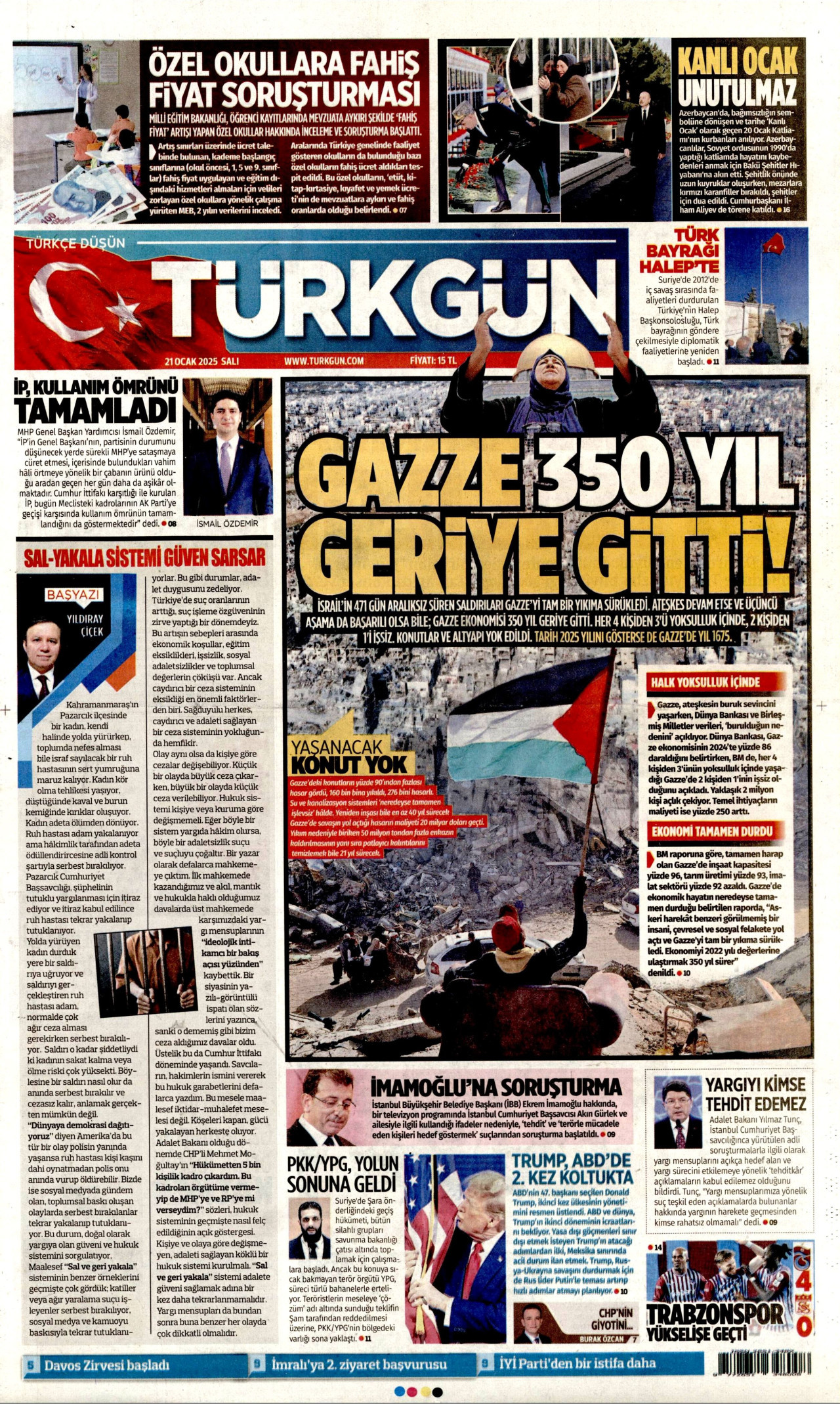 TÜRKGÜN gazetesinin 21 Ocak 2025 tarihli birinci sayfası