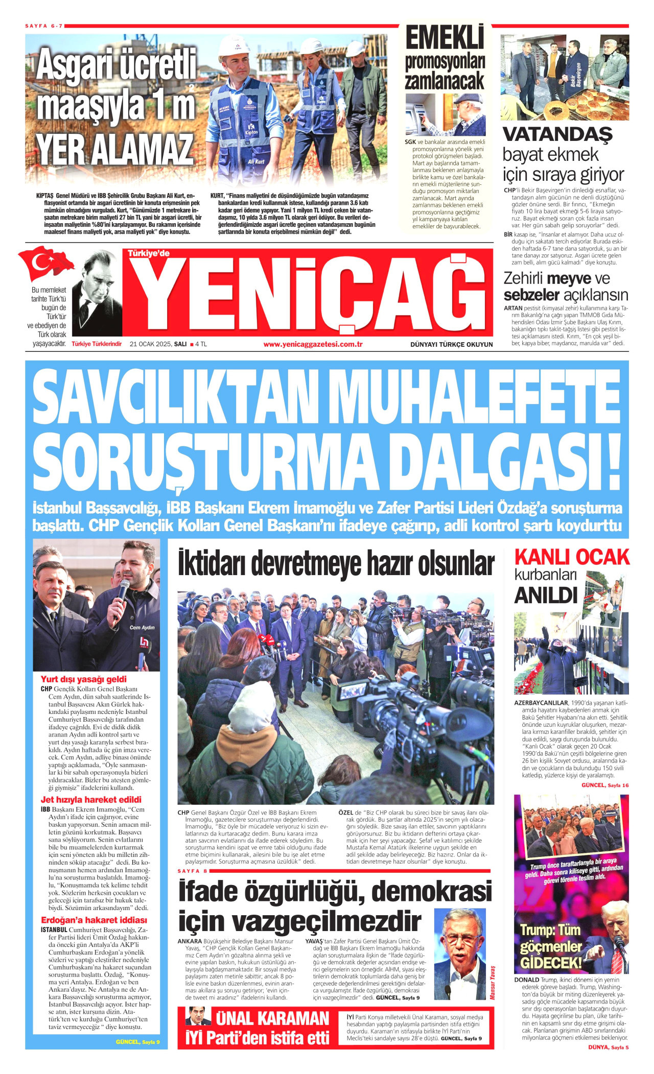 YENİÇAĞ gazetesinin 21 Ocak 2025 tarihli birinci sayfası