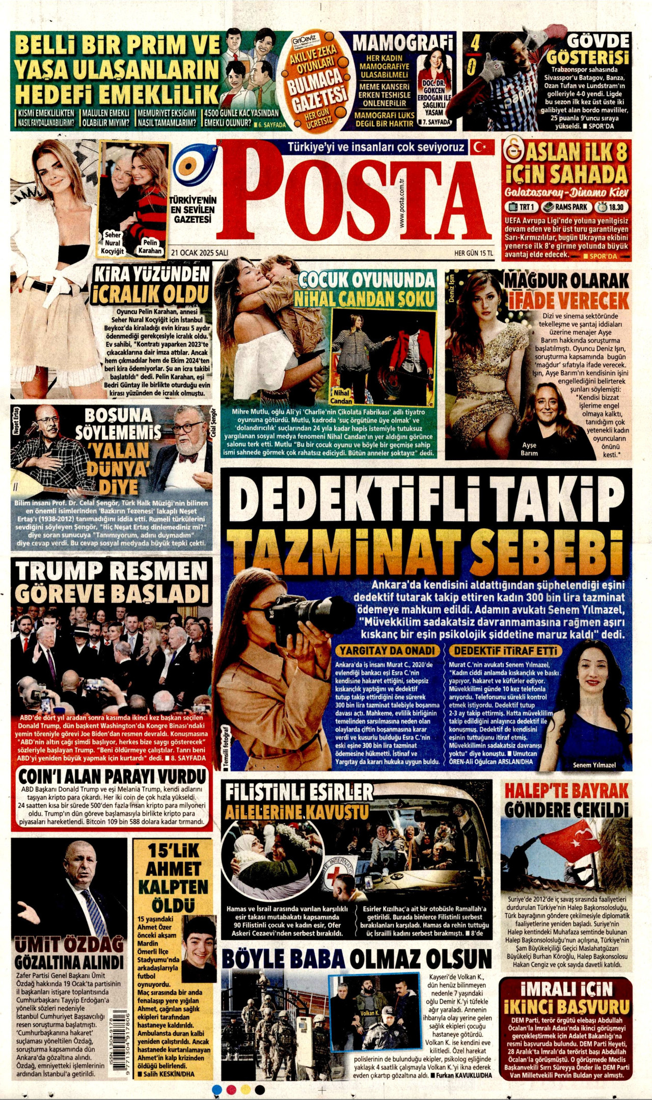POSTA gazetesinin 21 Ocak 2025 tarihli birinci sayfası