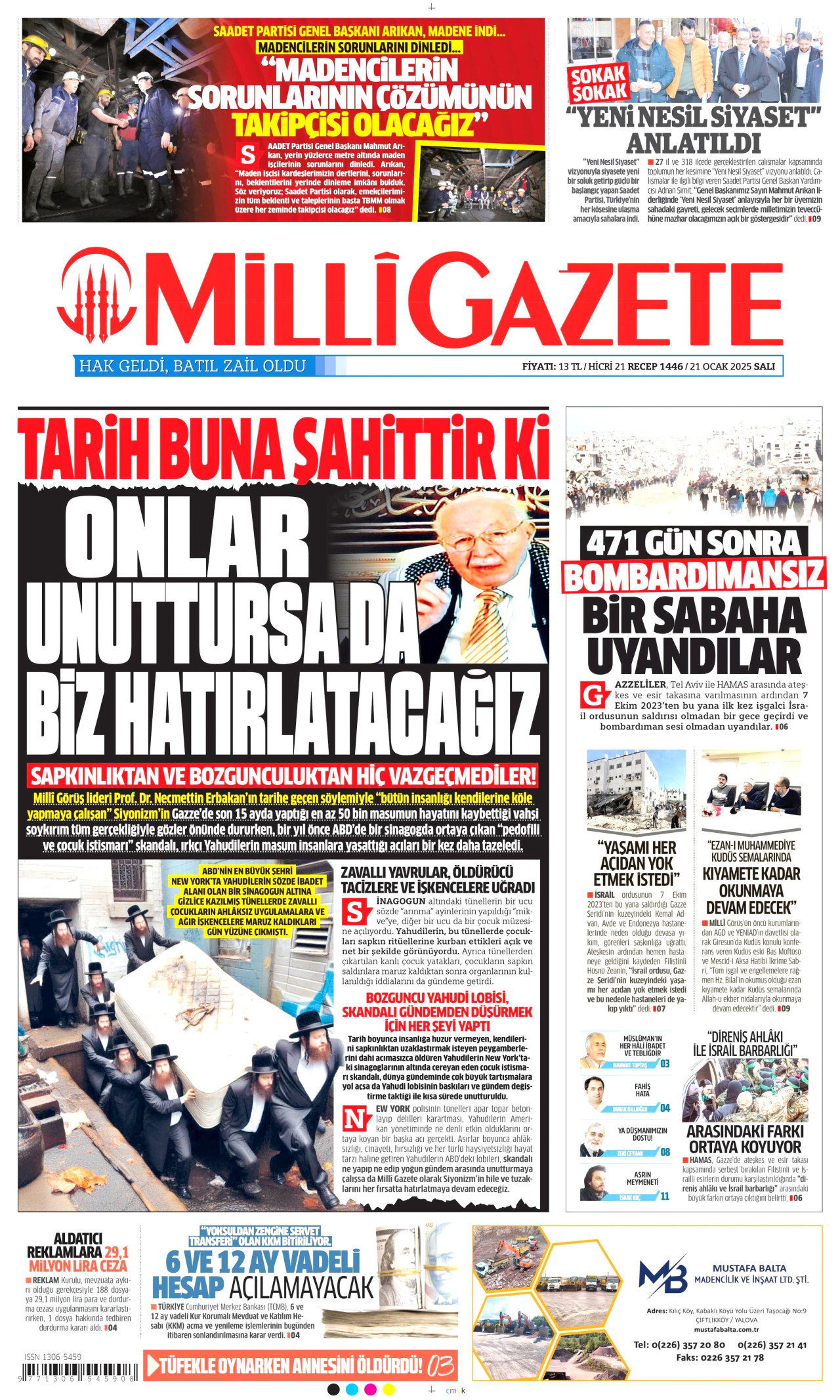 MİLLİ GAZETE gazetesinin 21 Ocak 2025 tarihli birinci sayfası