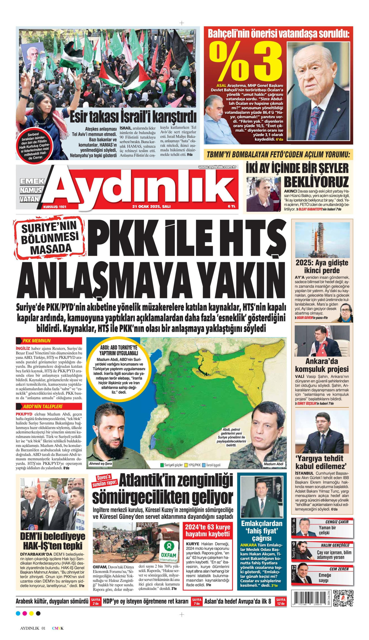 AYDINLIK GAZETESİ gazetesinin 21 Ocak 2025 tarihli birinci sayfası
