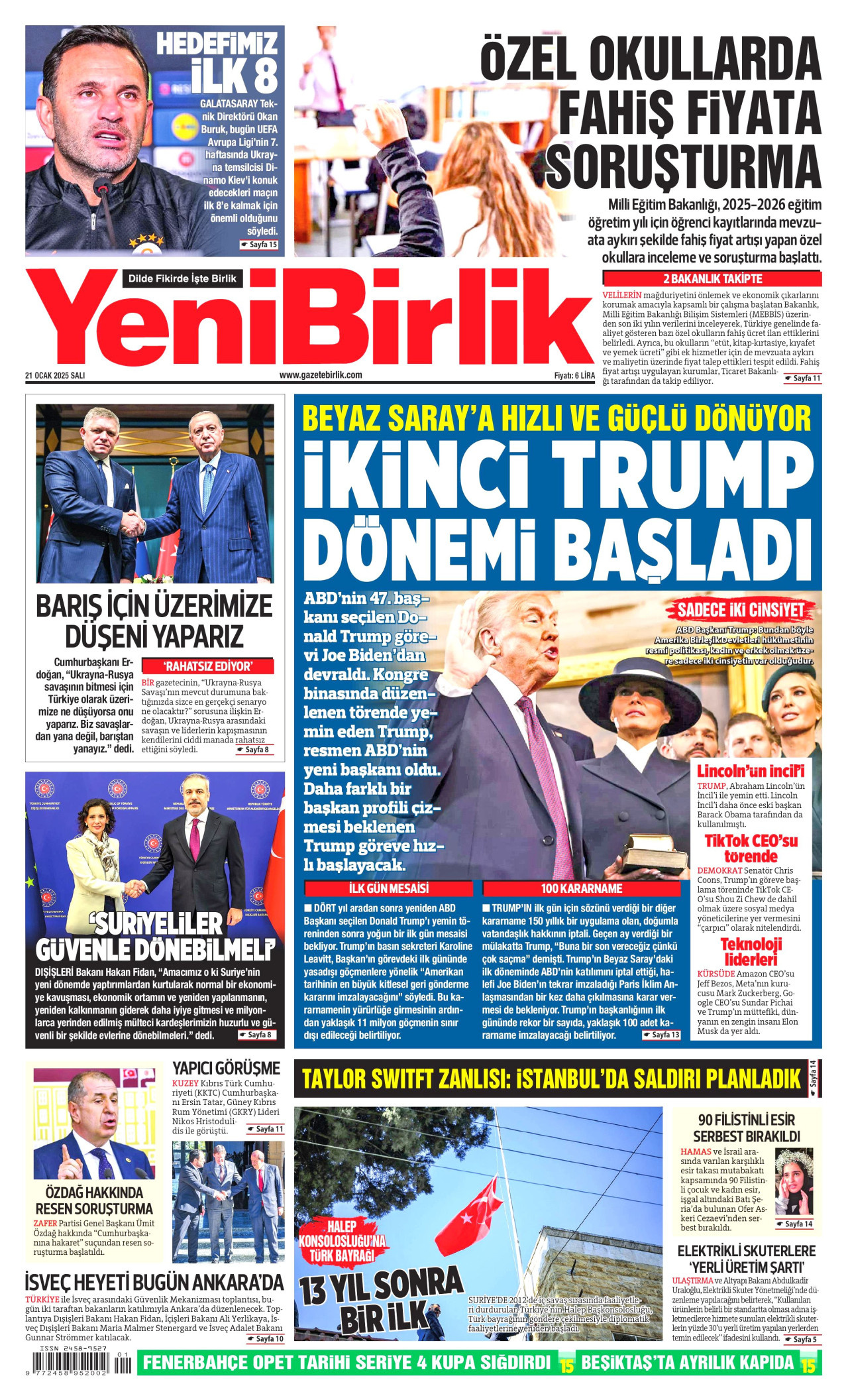 YENİBİRLİK gazetesinin 21 Ocak 2025 tarihli birinci sayfası