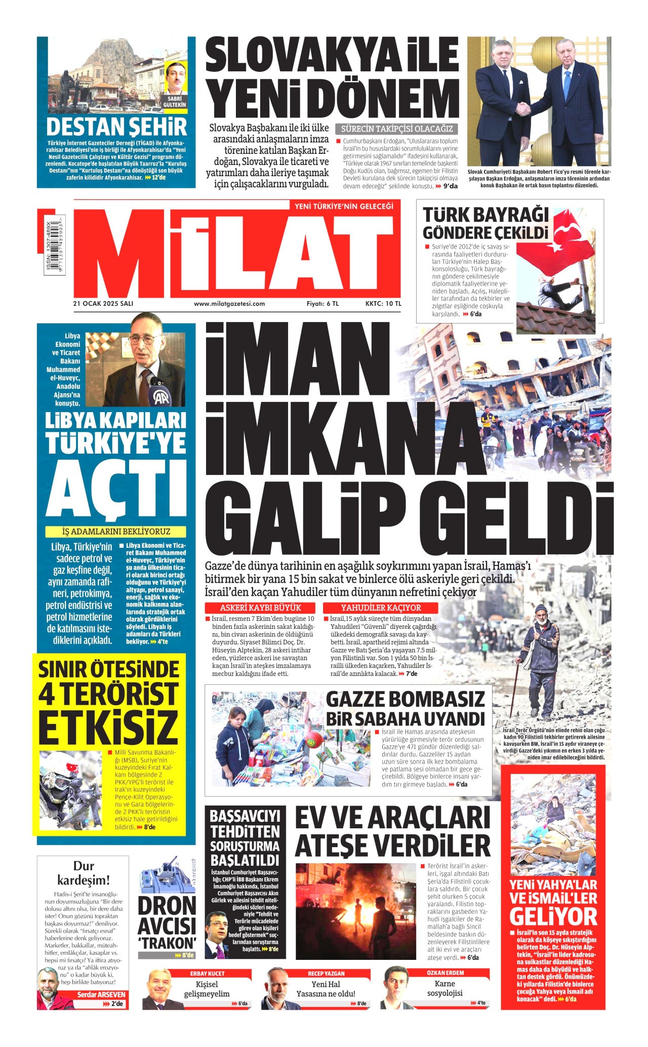 MİLAT gazetesinin 21 Ocak 2025 tarihli birinci sayfası