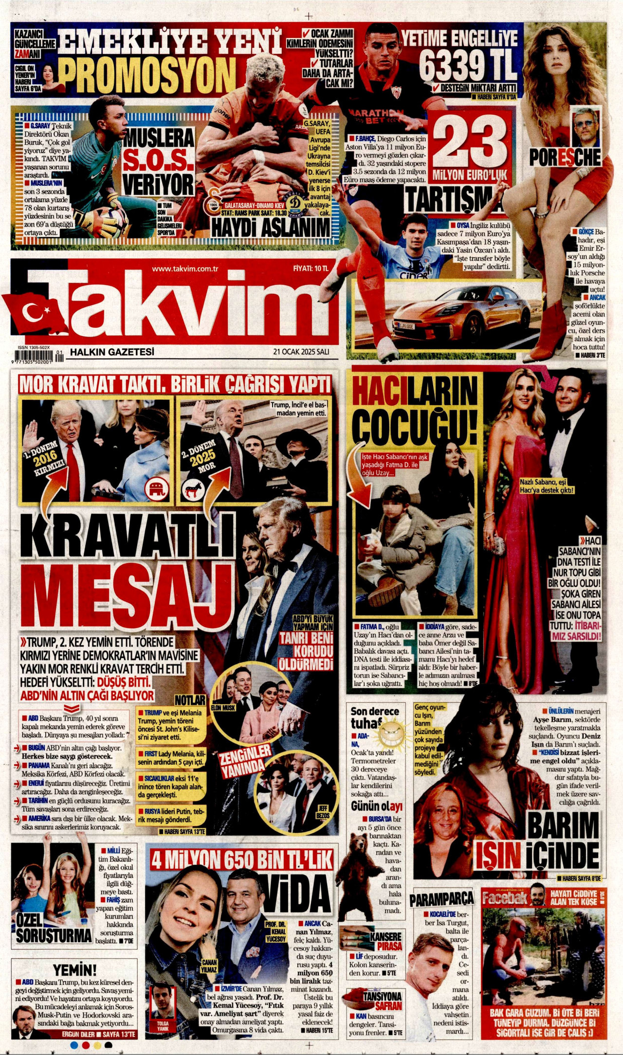 TAKVİM gazetesinin 21 Ocak 2025 tarihli birinci sayfası