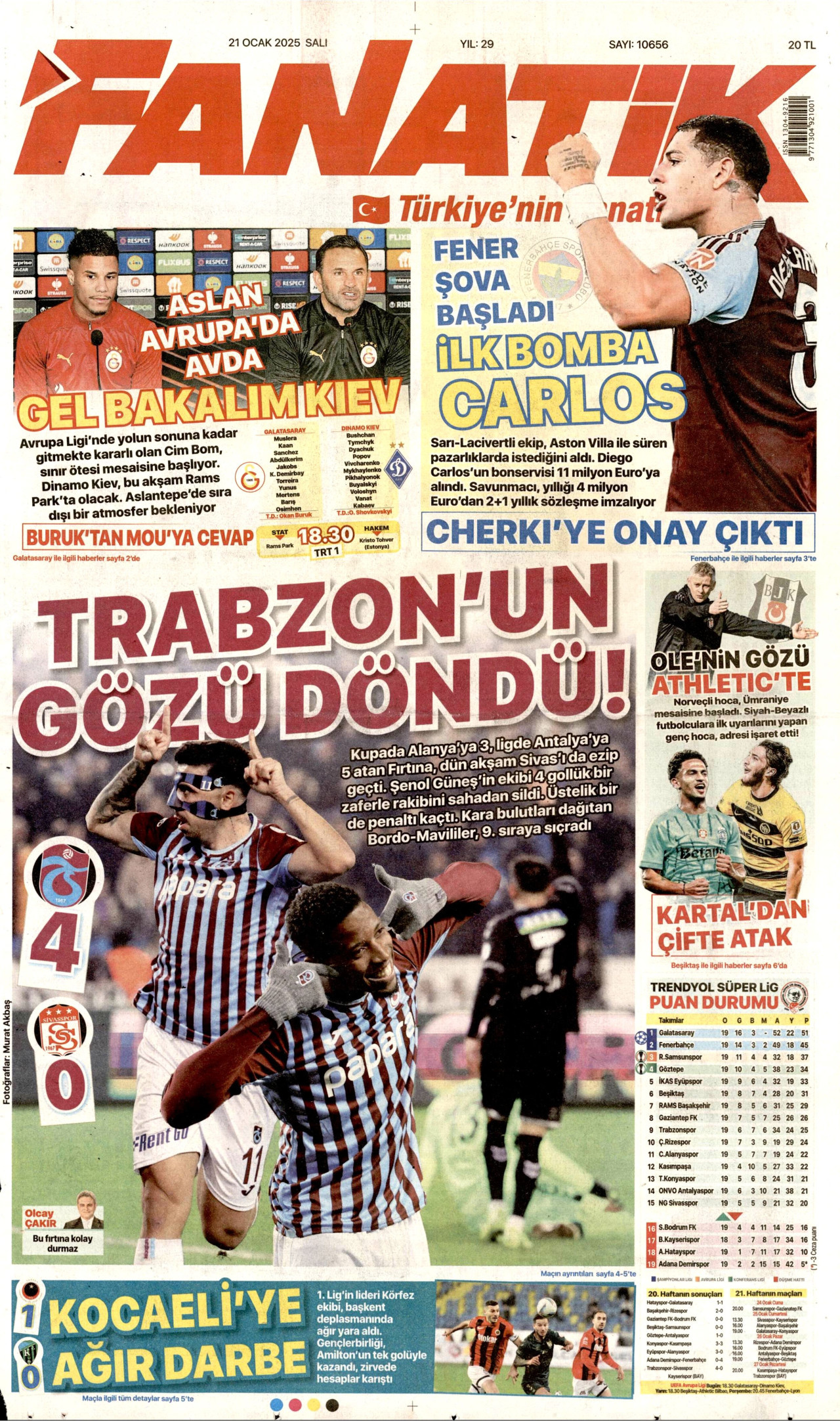FANATİK gazetesinin 21 Ocak 2025 tarihli birinci sayfası