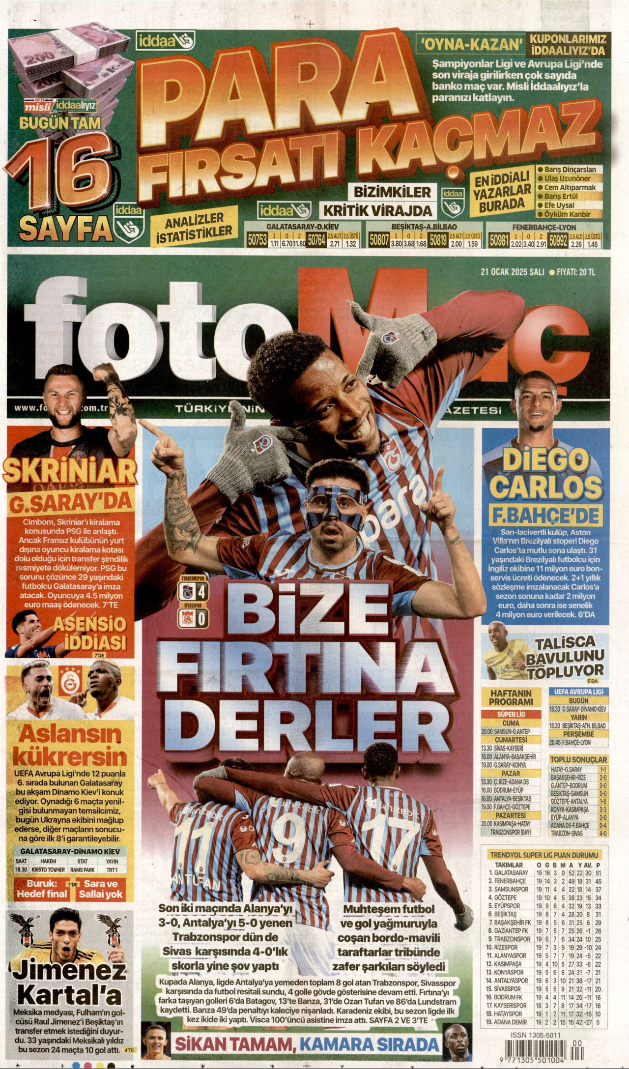 FOTOMAÇ gazetesinin 21 Ocak 2025 tarihli birinci sayfası